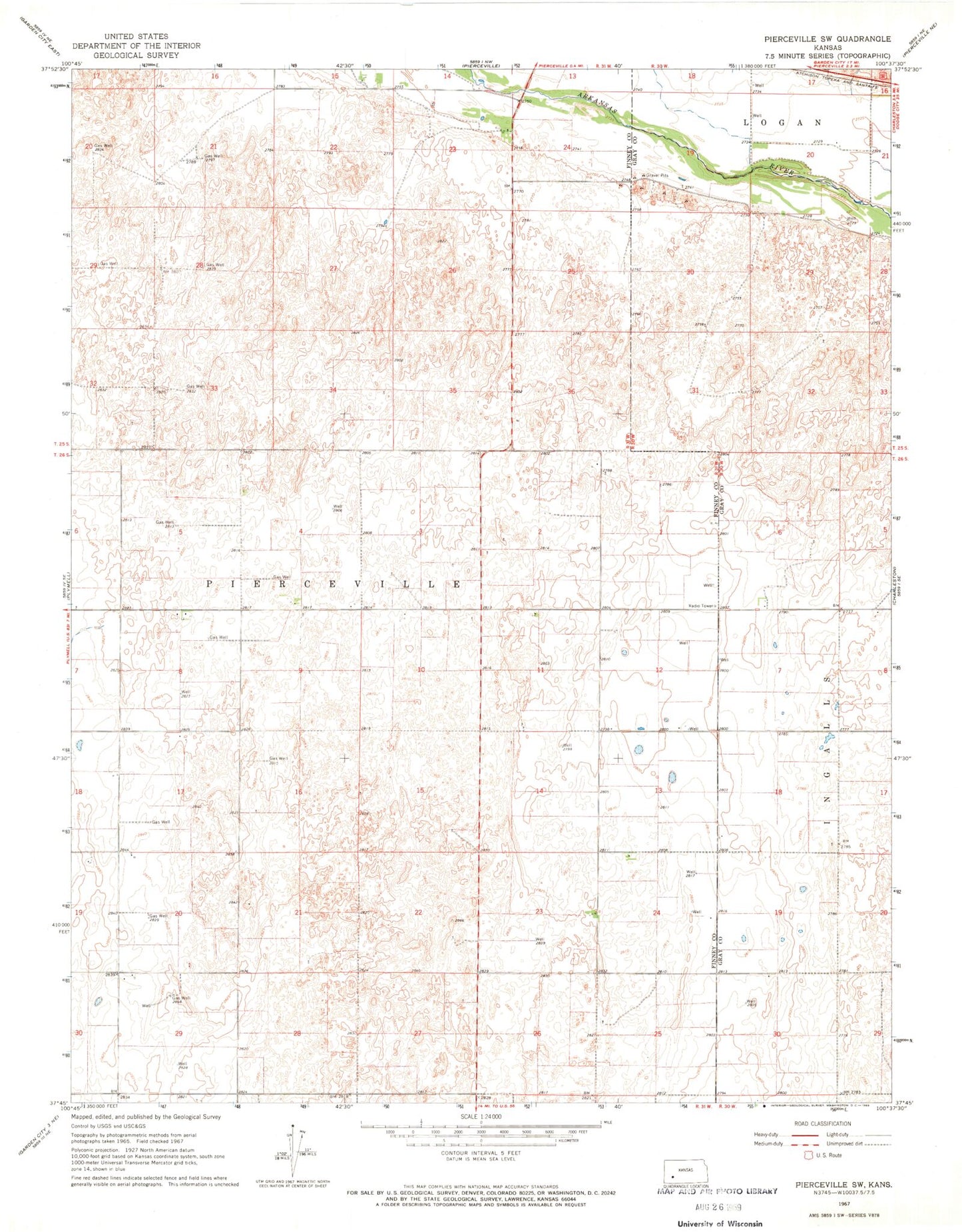 Classic USGS Pierceville SW Kansas 7.5'x7.5' Topo Map Image