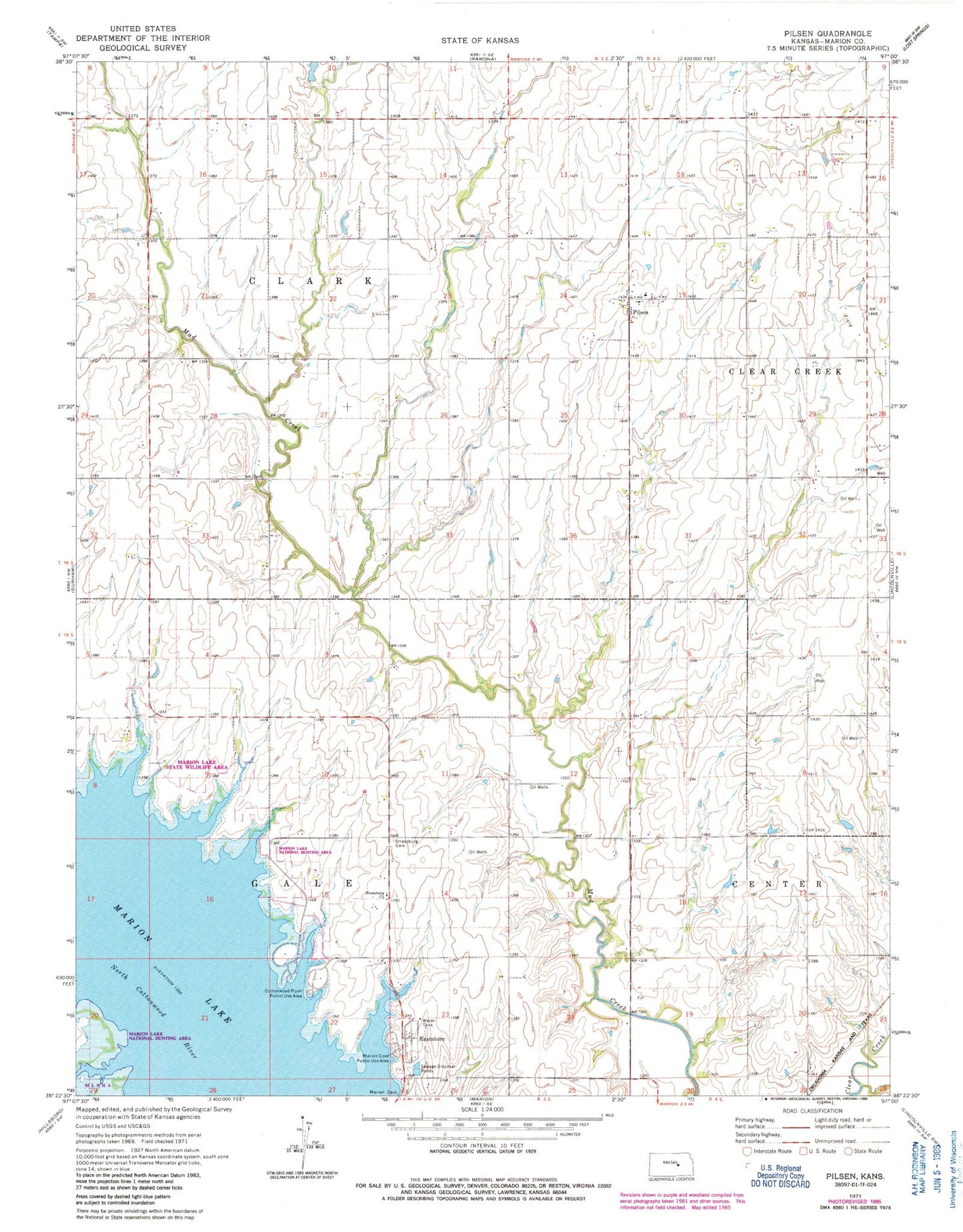 Classic USGS Pilsen Kansas 7.5'x7.5' Topo Map Image