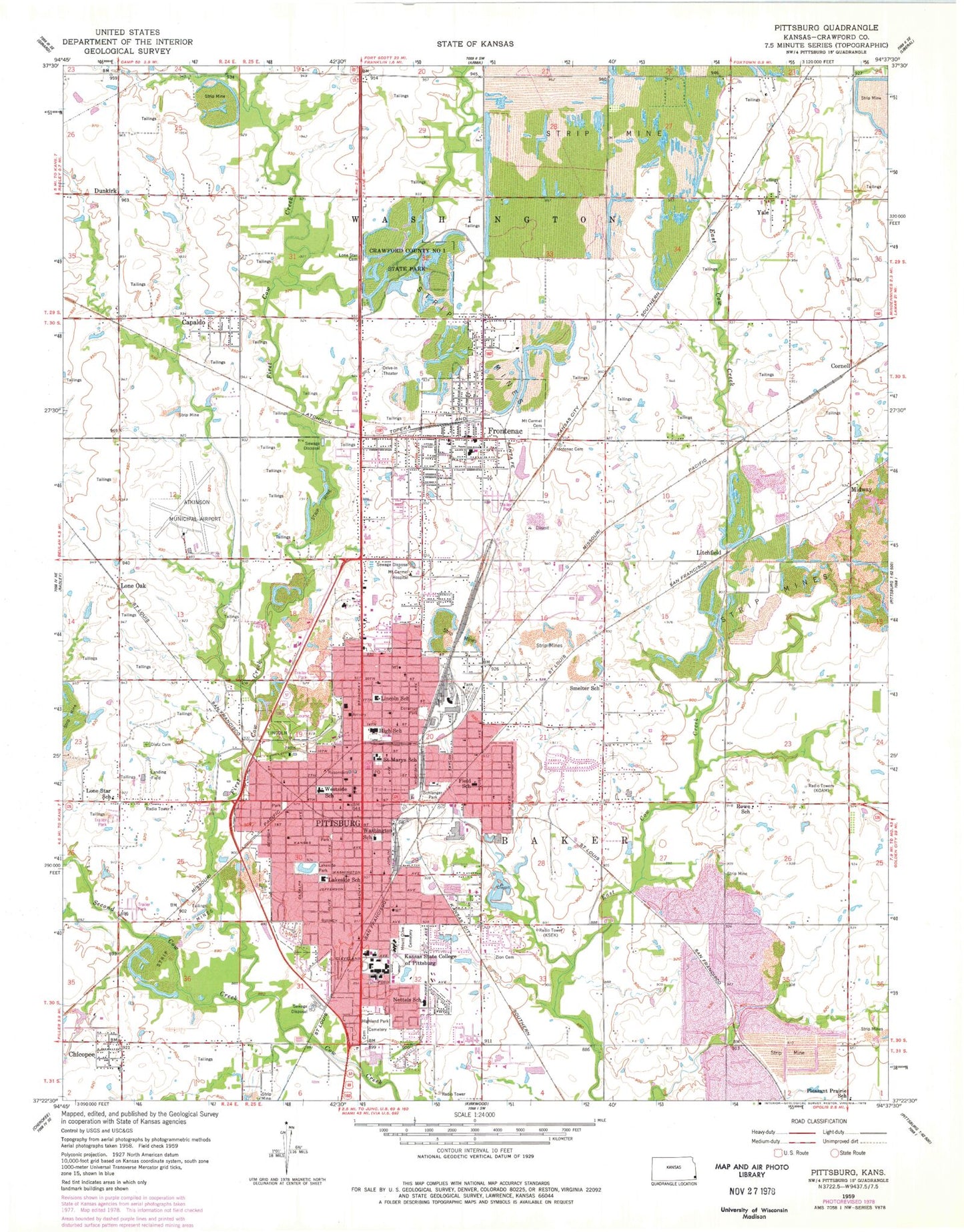 Classic USGS Pittsburg Kansas 7.5'x7.5' Topo Map Image
