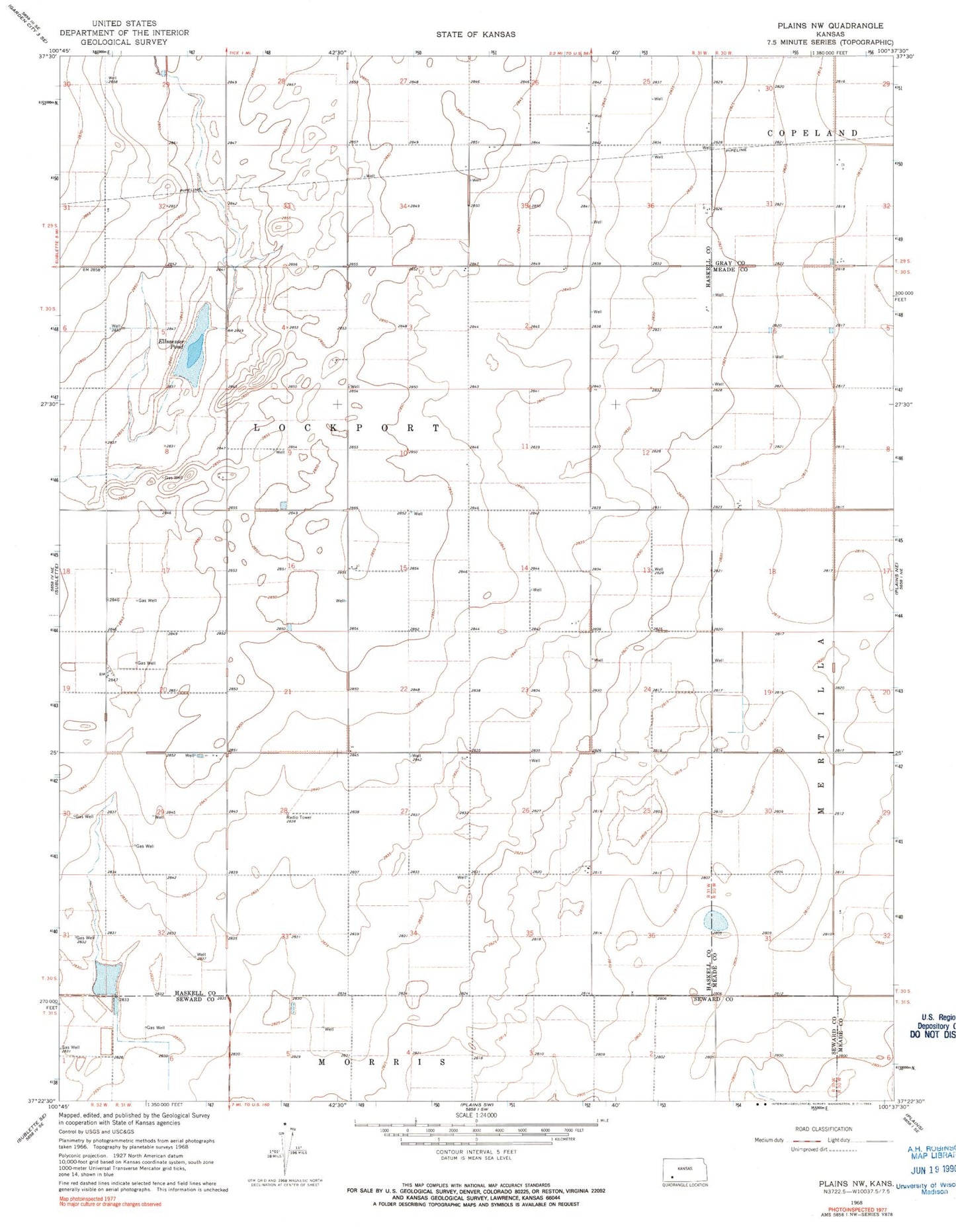 Classic USGS Plains NW Kansas 7.5'x7.5' Topo Map Image