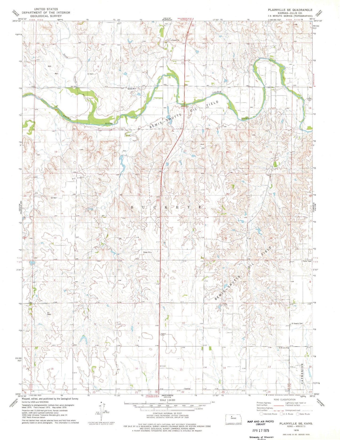 Classic USGS Plainville SE Kansas 7.5'x7.5' Topo Map Image