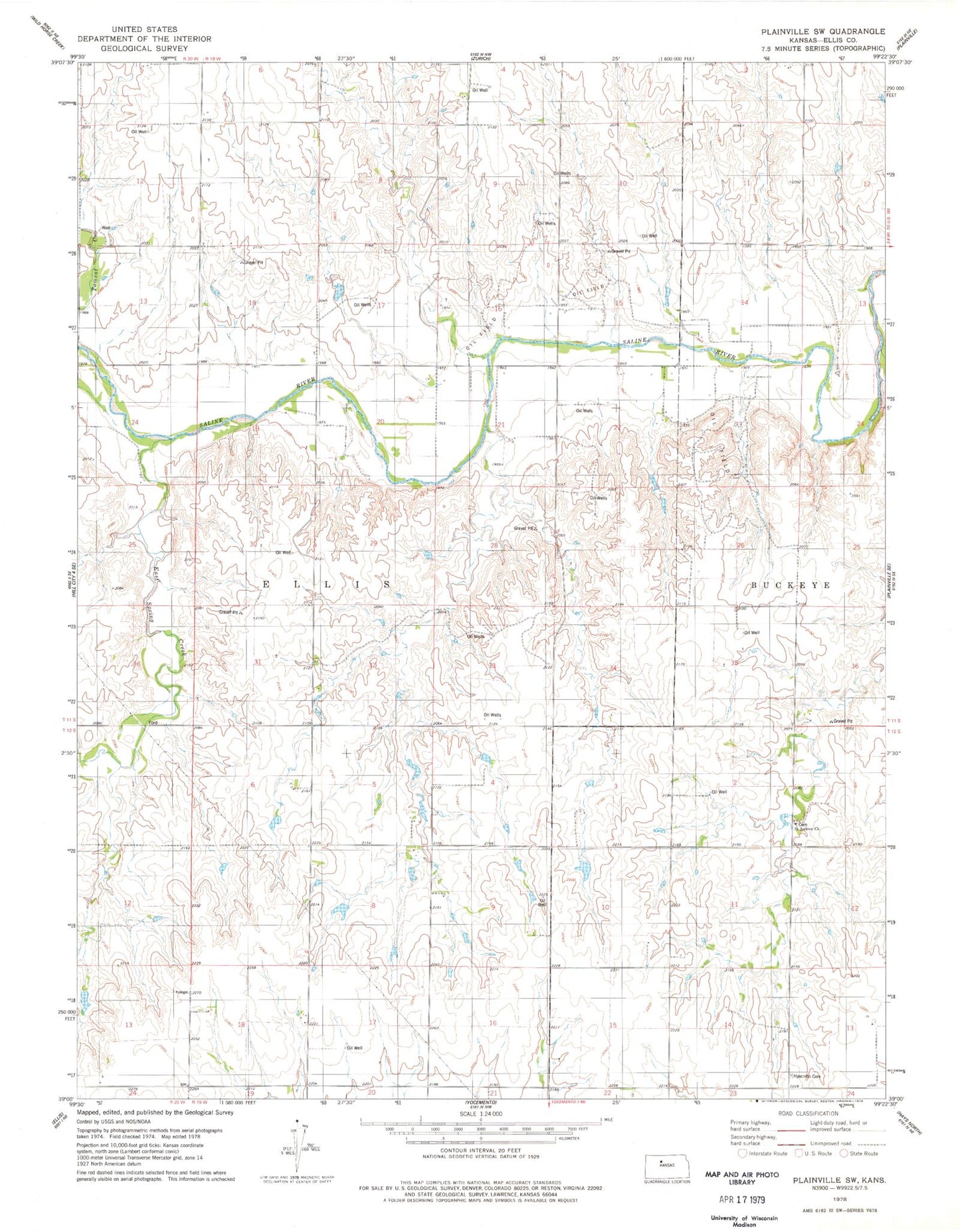 Classic USGS Plainville SW Kansas 7.5'x7.5' Topo Map Image