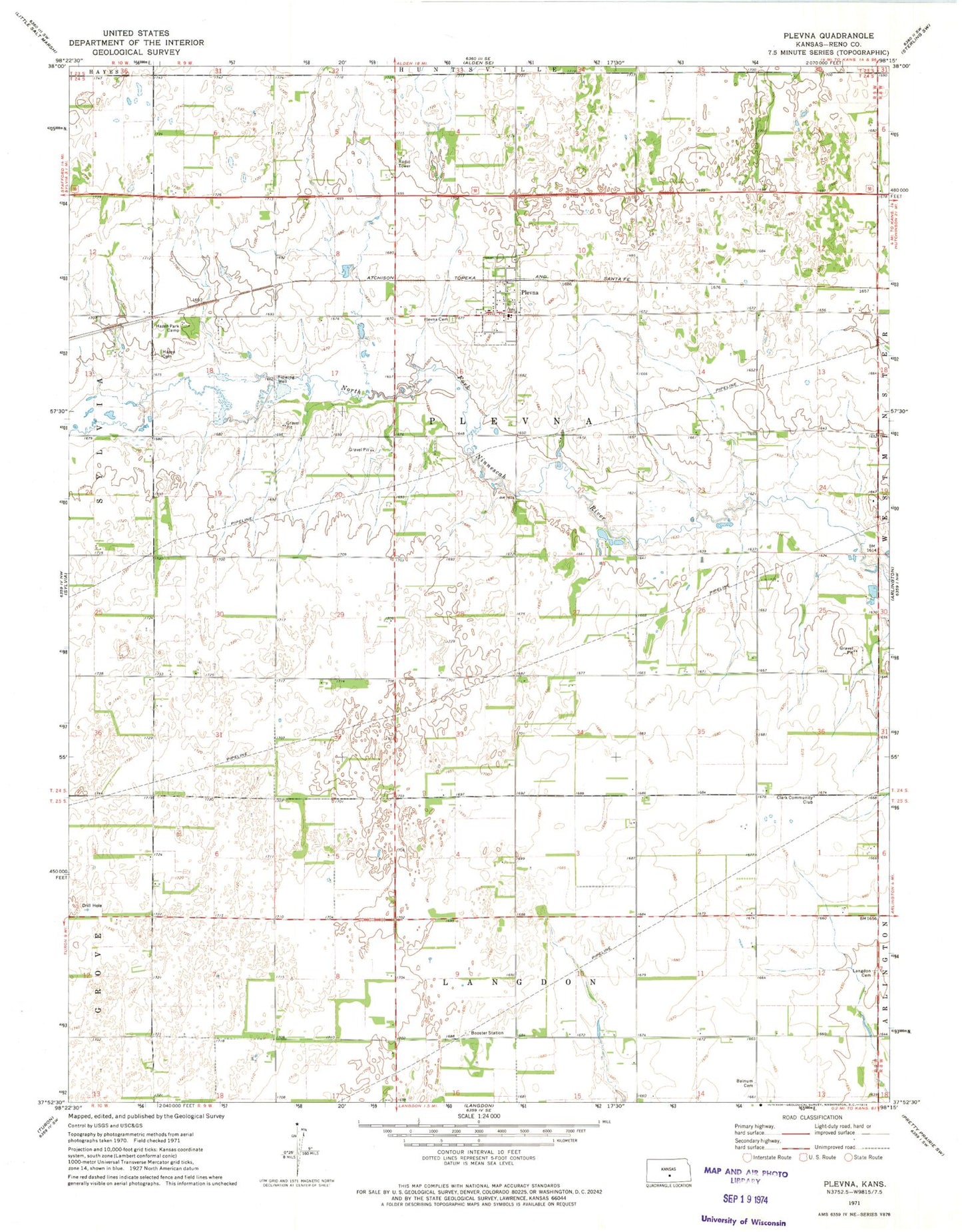 Classic USGS Plevna Kansas 7.5'x7.5' Topo Map Image