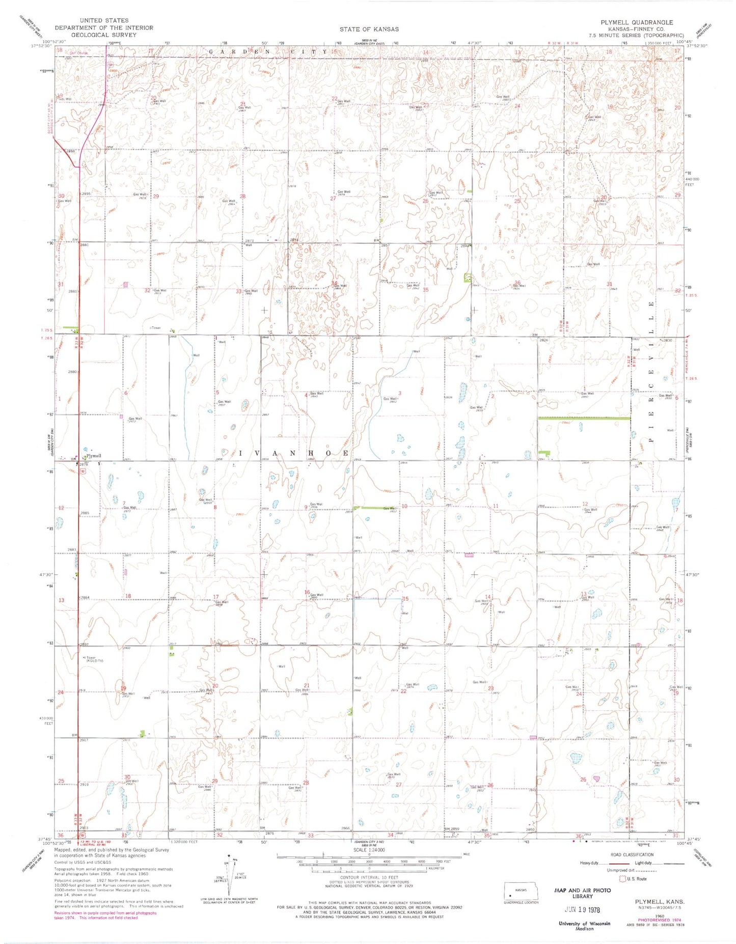 Classic USGS Plymell Kansas 7.5'x7.5' Topo Map Image