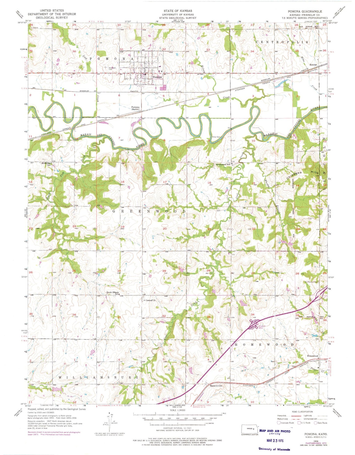 Classic USGS Pomona Kansas 7.5'x7.5' Topo Map Image