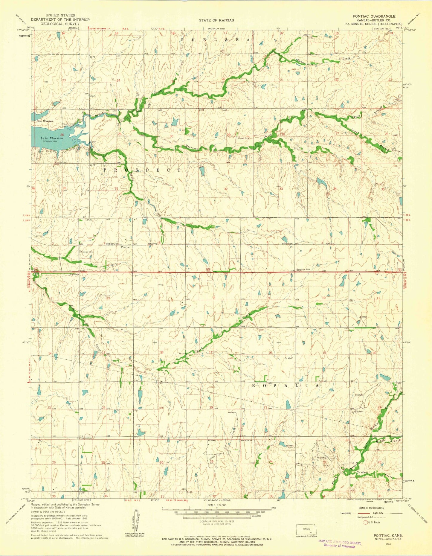 Classic USGS Pontiac Kansas 7.5'x7.5' Topo Map Image