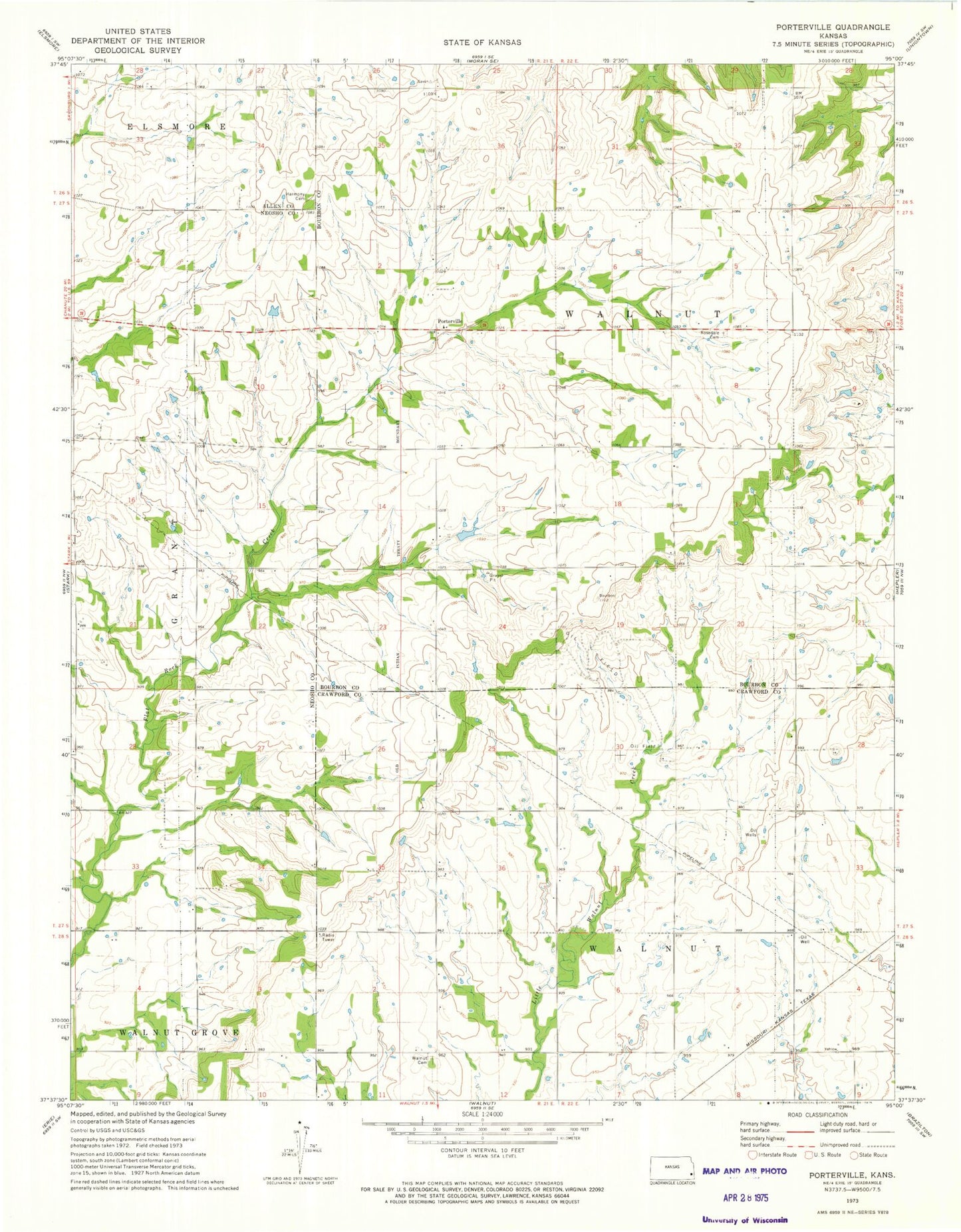 Classic USGS Porterville Kansas 7.5'x7.5' Topo Map Image