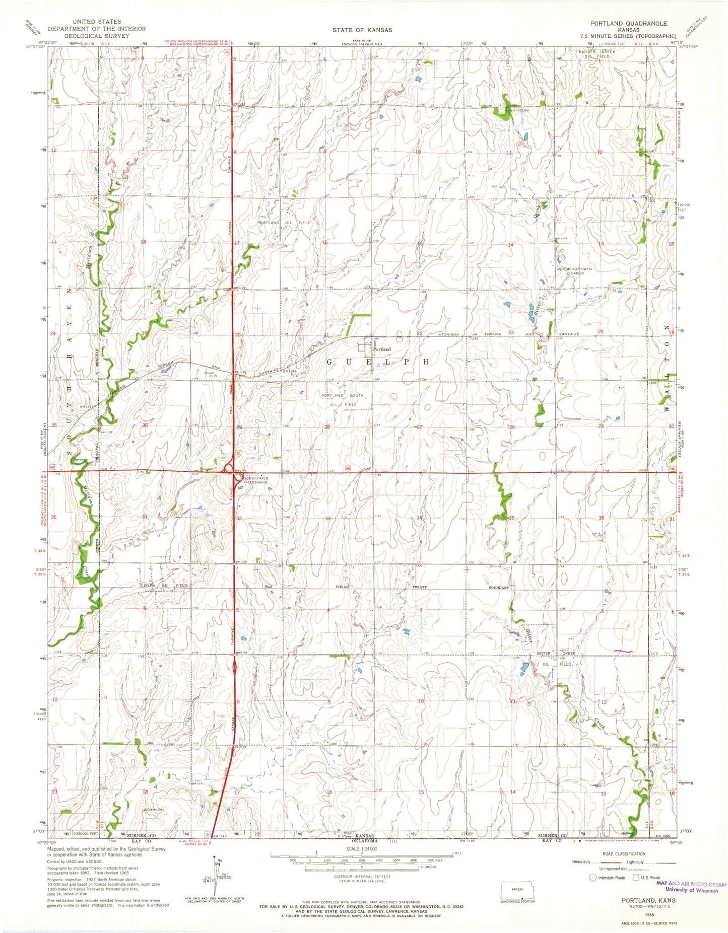Classic USGS Portland Kansas 7.5'x7.5' Topo Map Image