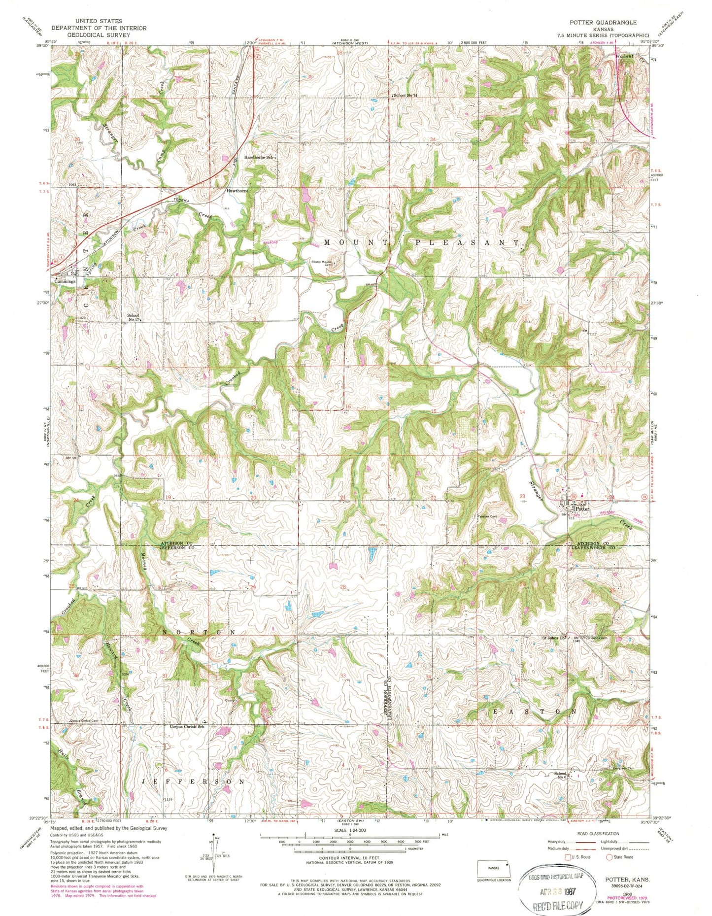 Classic USGS Potter Kansas 7.5'x7.5' Topo Map Image