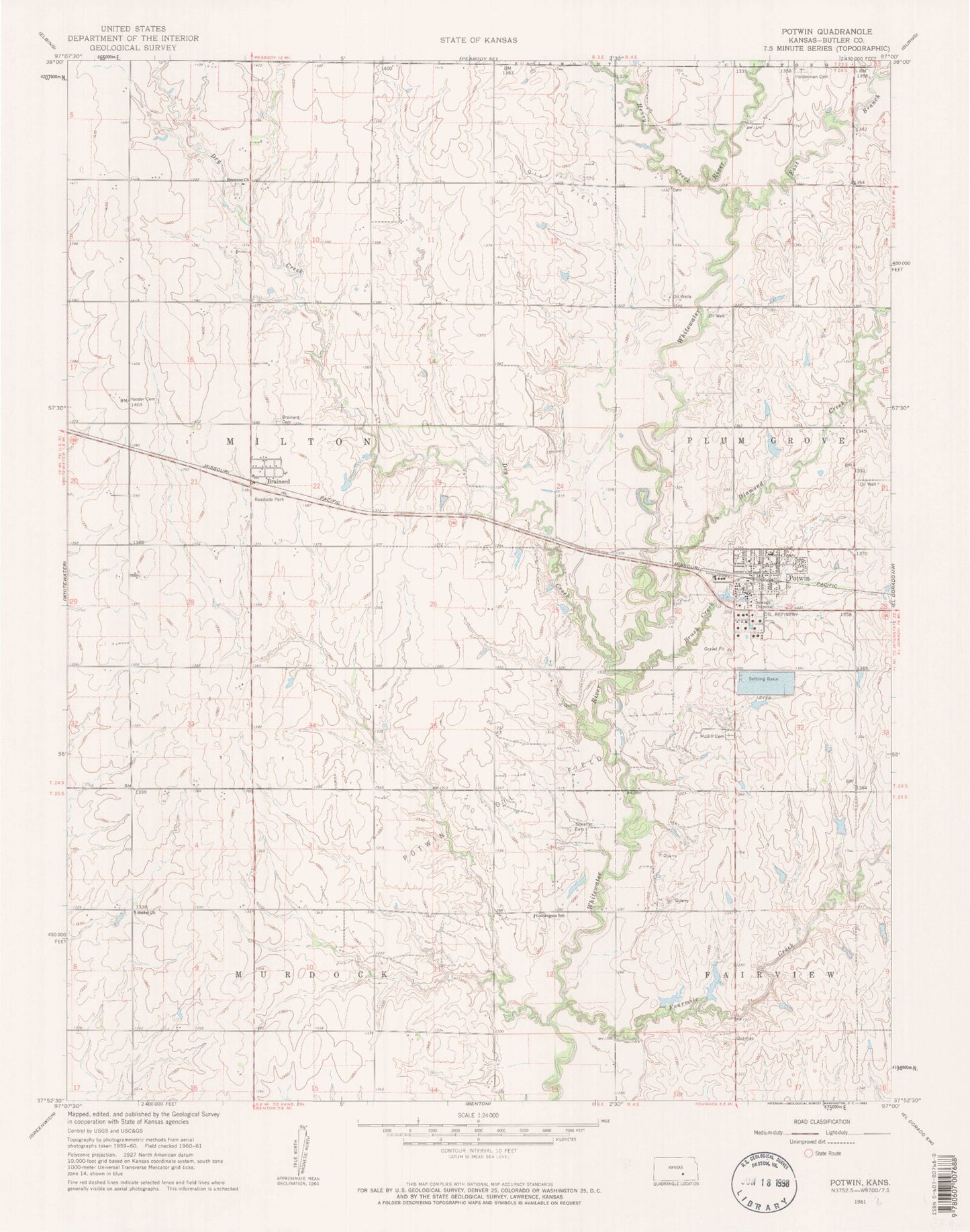 Classic USGS Potwin Kansas 7.5'x7.5' Topo Map Image