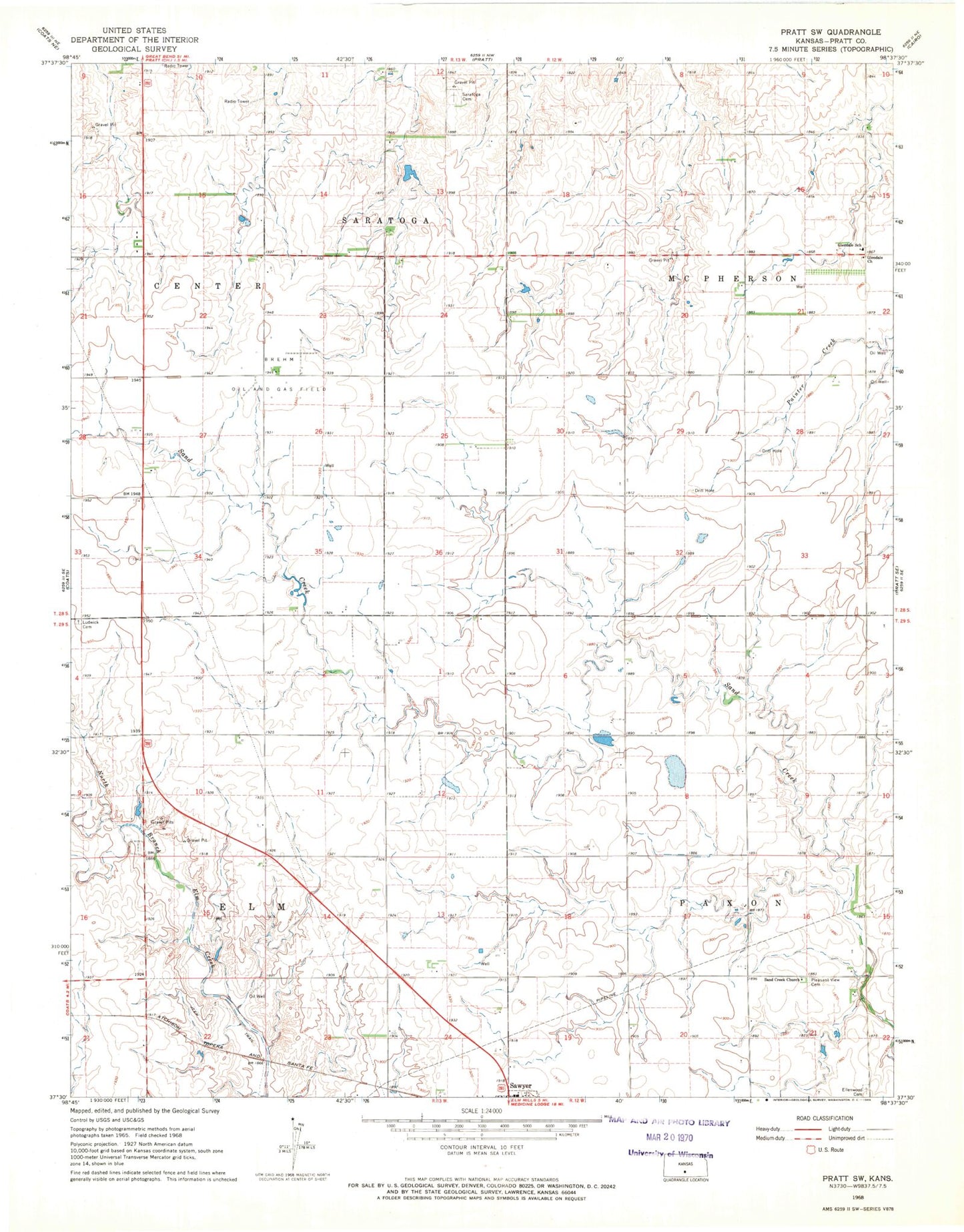 Classic USGS Pratt SW Kansas 7.5'x7.5' Topo Map Image