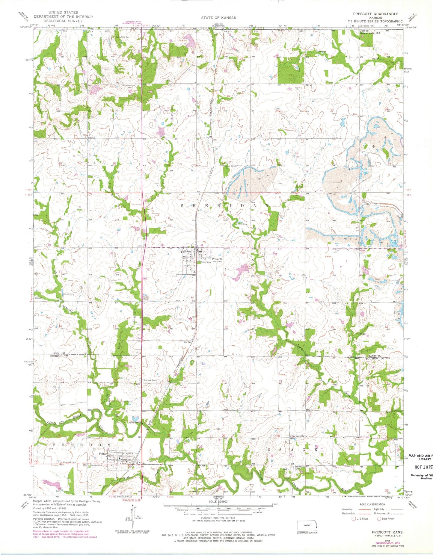 Classic USGS Prescott Kansas 7.5'x7.5' Topo Map Image