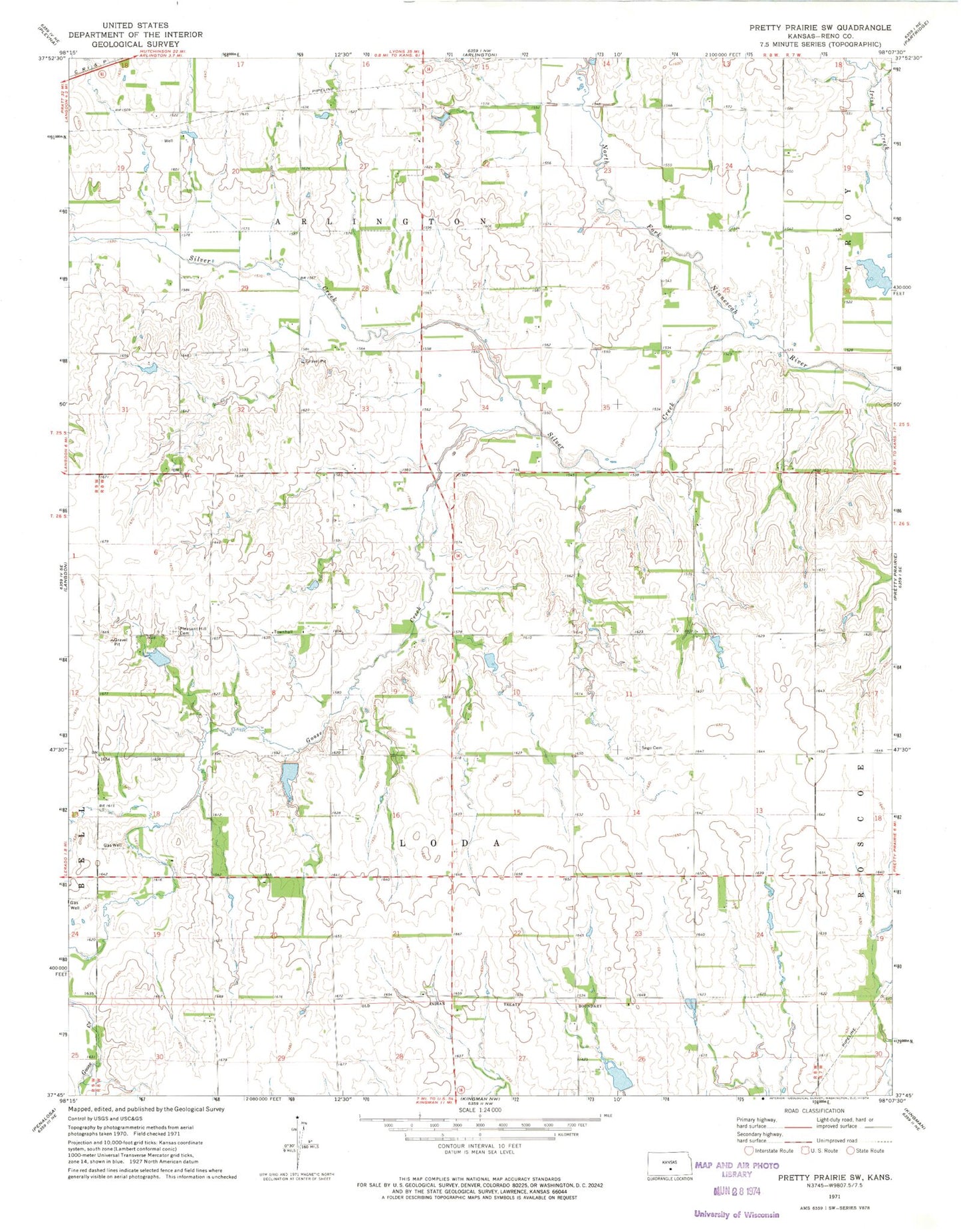 Classic USGS Pretty Prairie SW Kansas 7.5'x7.5' Topo Map Image