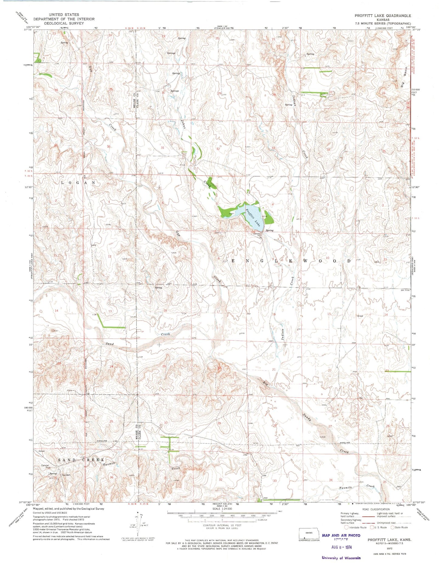 Classic USGS Proffitt Lake Kansas 7.5'x7.5' Topo Map Image