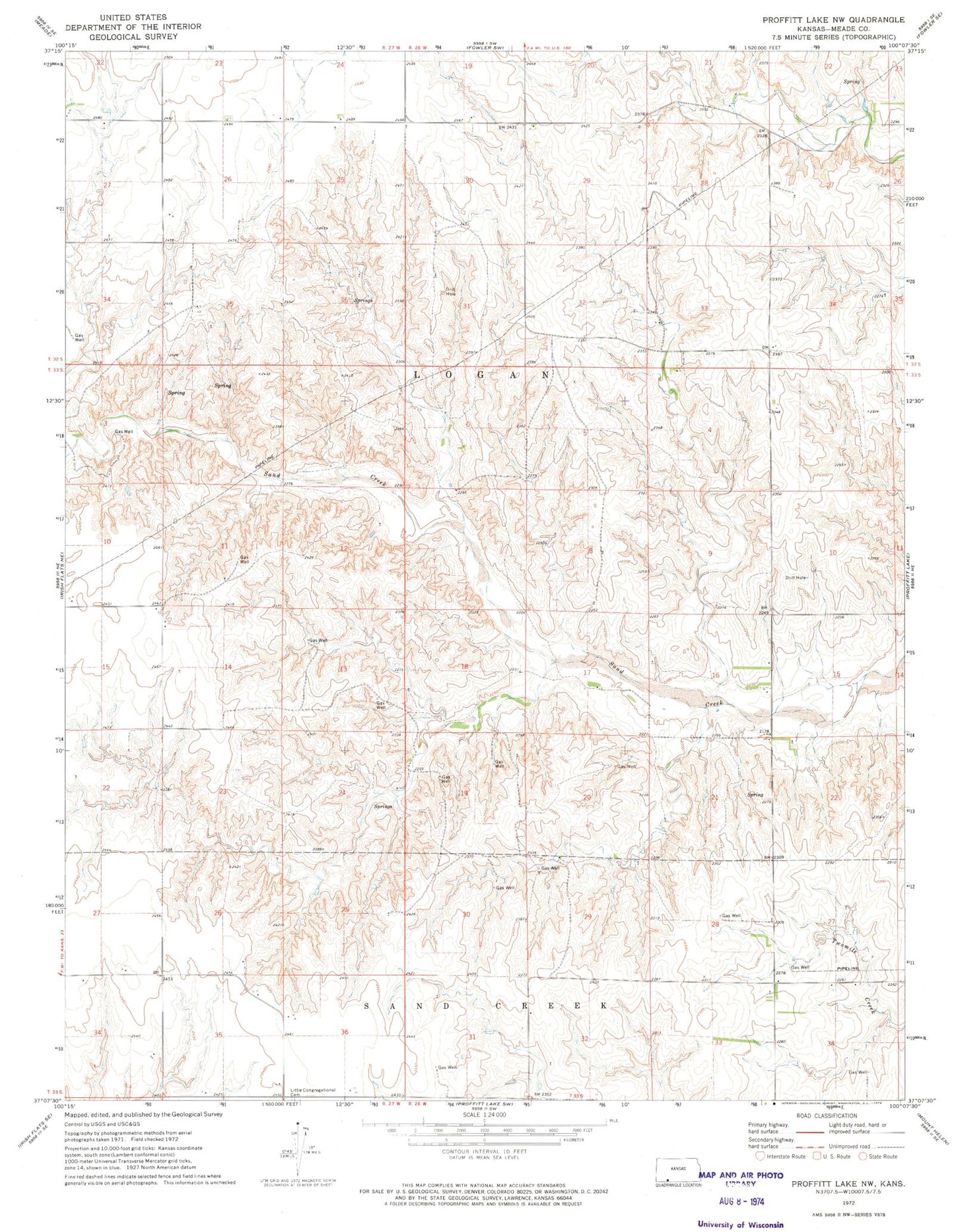 Classic USGS Proffitt Lake NW Kansas 7.5'x7.5' Topo Map Image