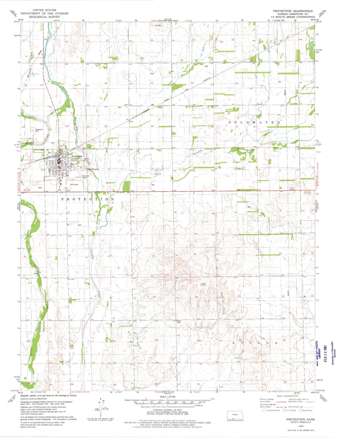 Classic USGS Protection Kansas 7.5'x7.5' Topo Map Image