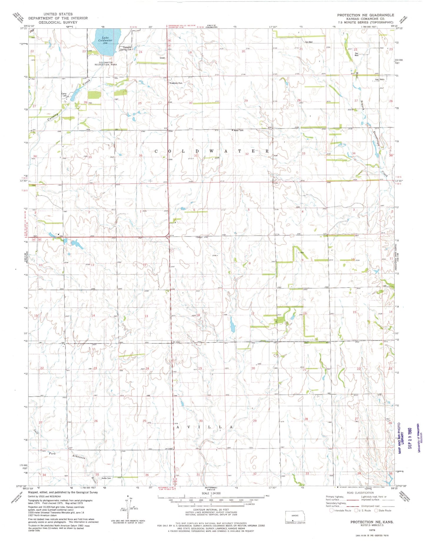 Classic USGS Protection NE Kansas 7.5'x7.5' Topo Map Image