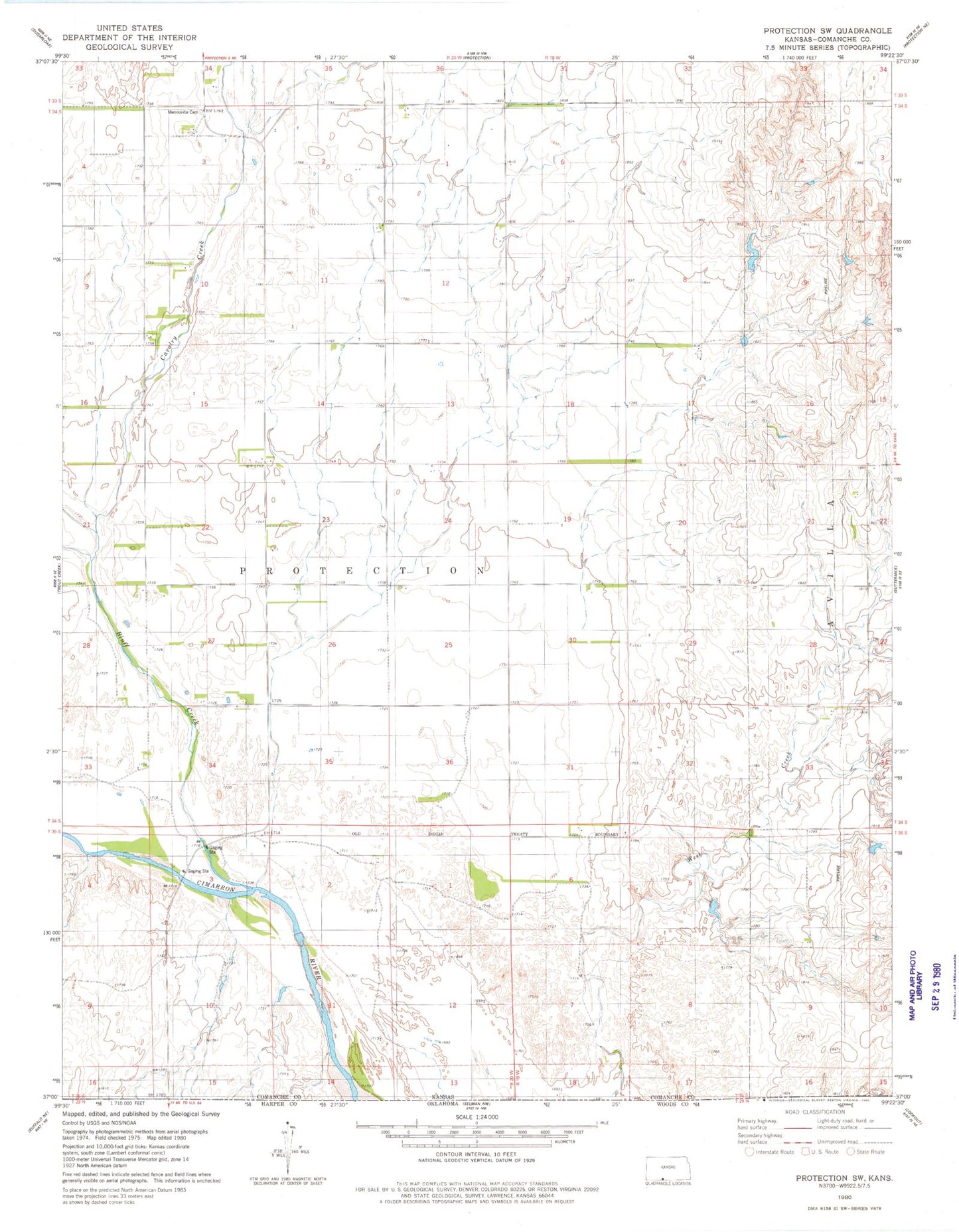 Classic USGS Protection SW Kansas 7.5'x7.5' Topo Map Image
