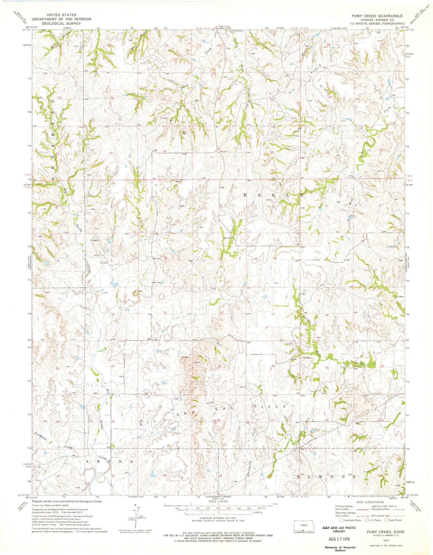 Classic USGS Pump Creek Kansas 7.5'x7.5' Topo Map Image