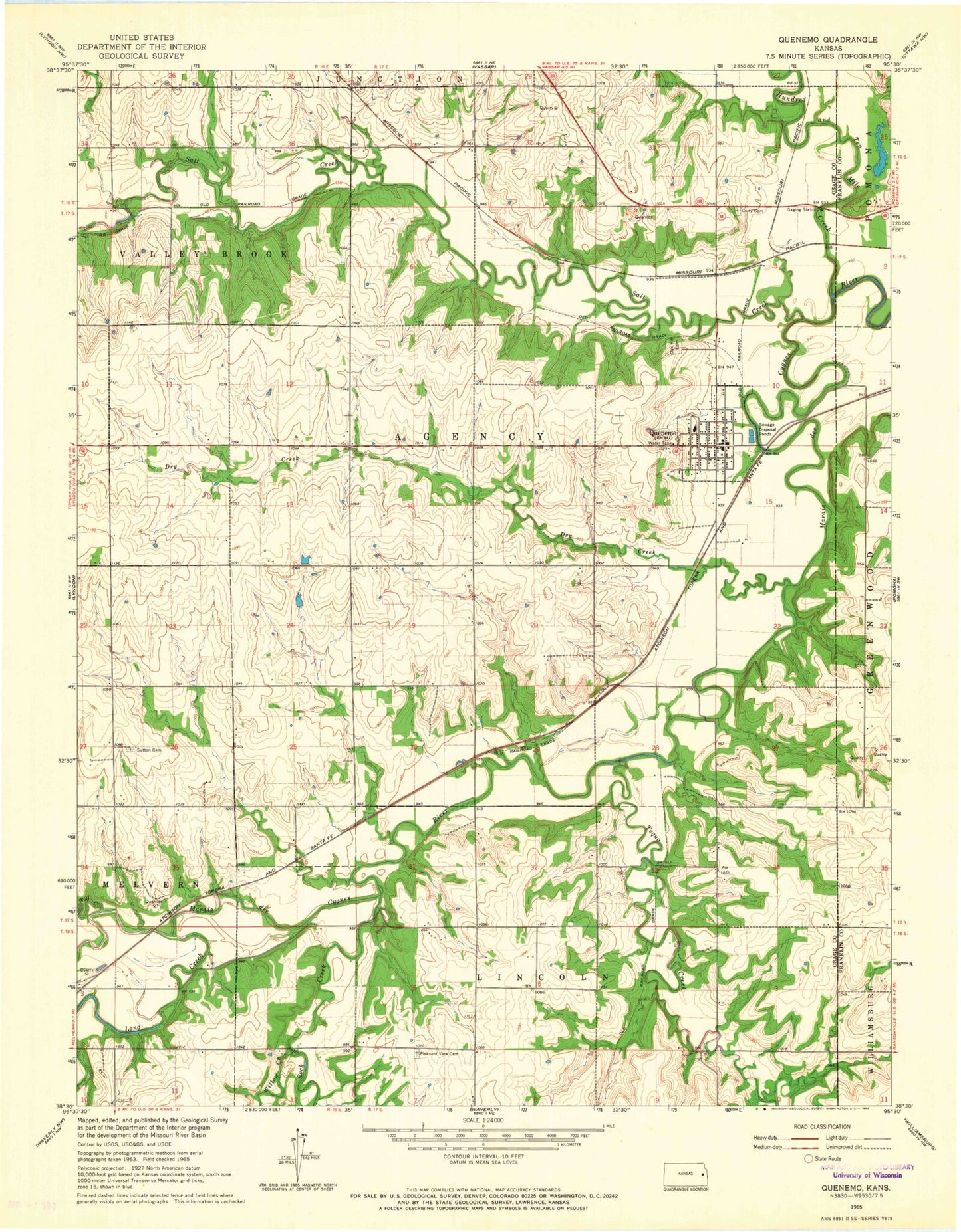 Classic USGS Quenemo Kansas 7.5'x7.5' Topo Map Image