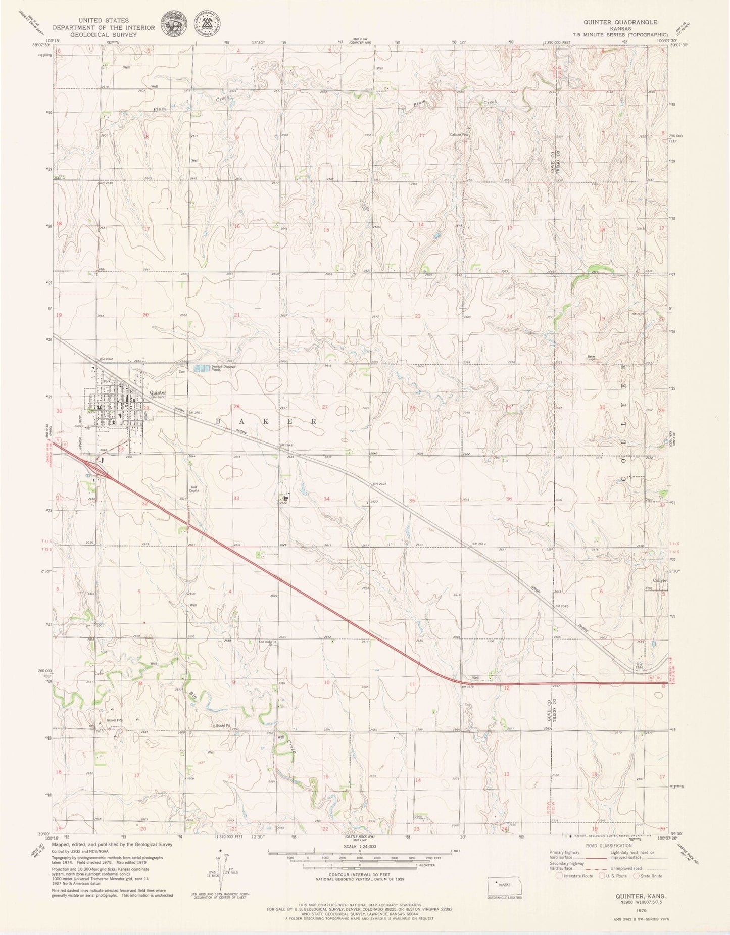 Classic USGS Quinter Kansas 7.5'x7.5' Topo Map Image