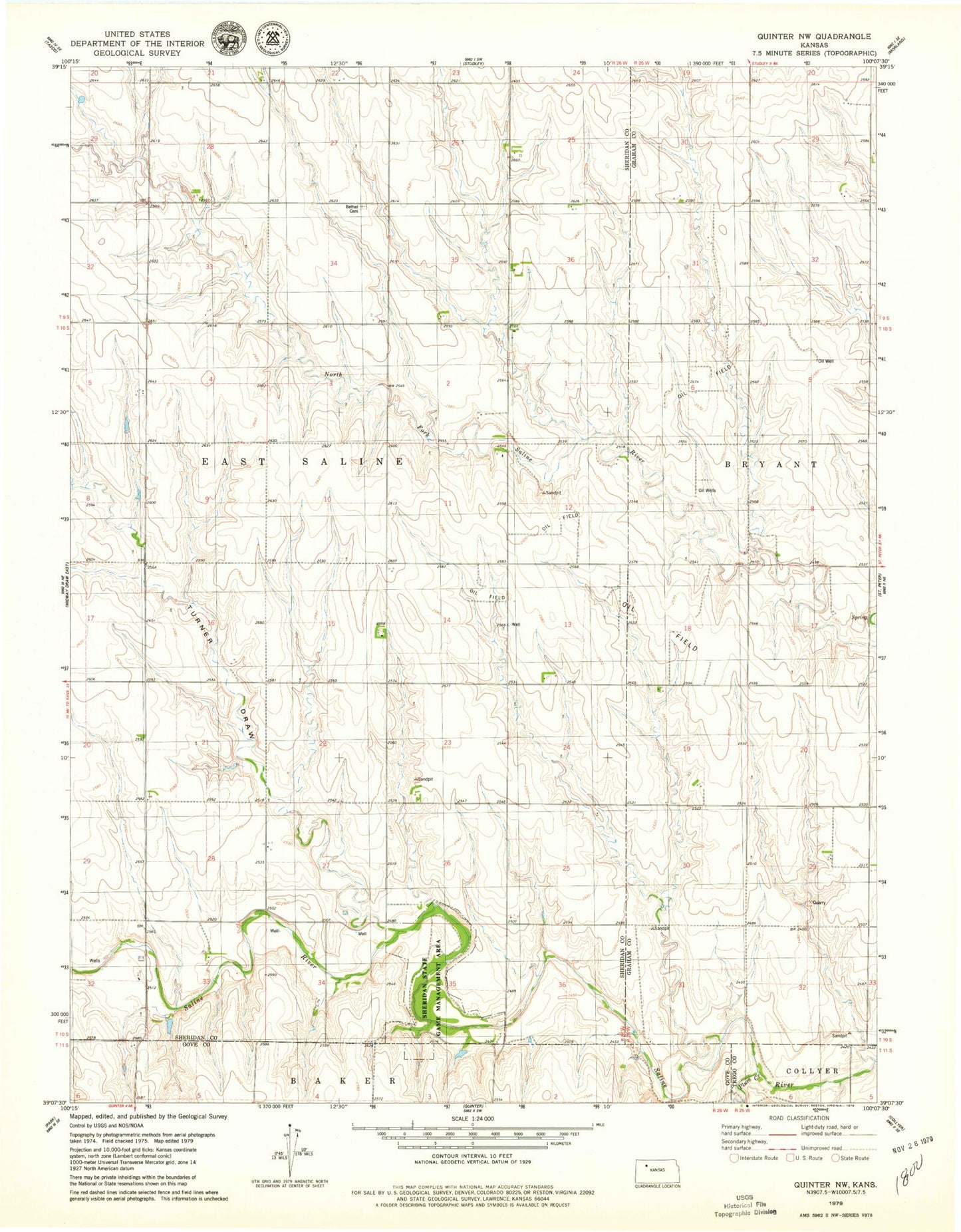 Classic USGS Quinter NW Kansas 7.5'x7.5' Topo Map Image