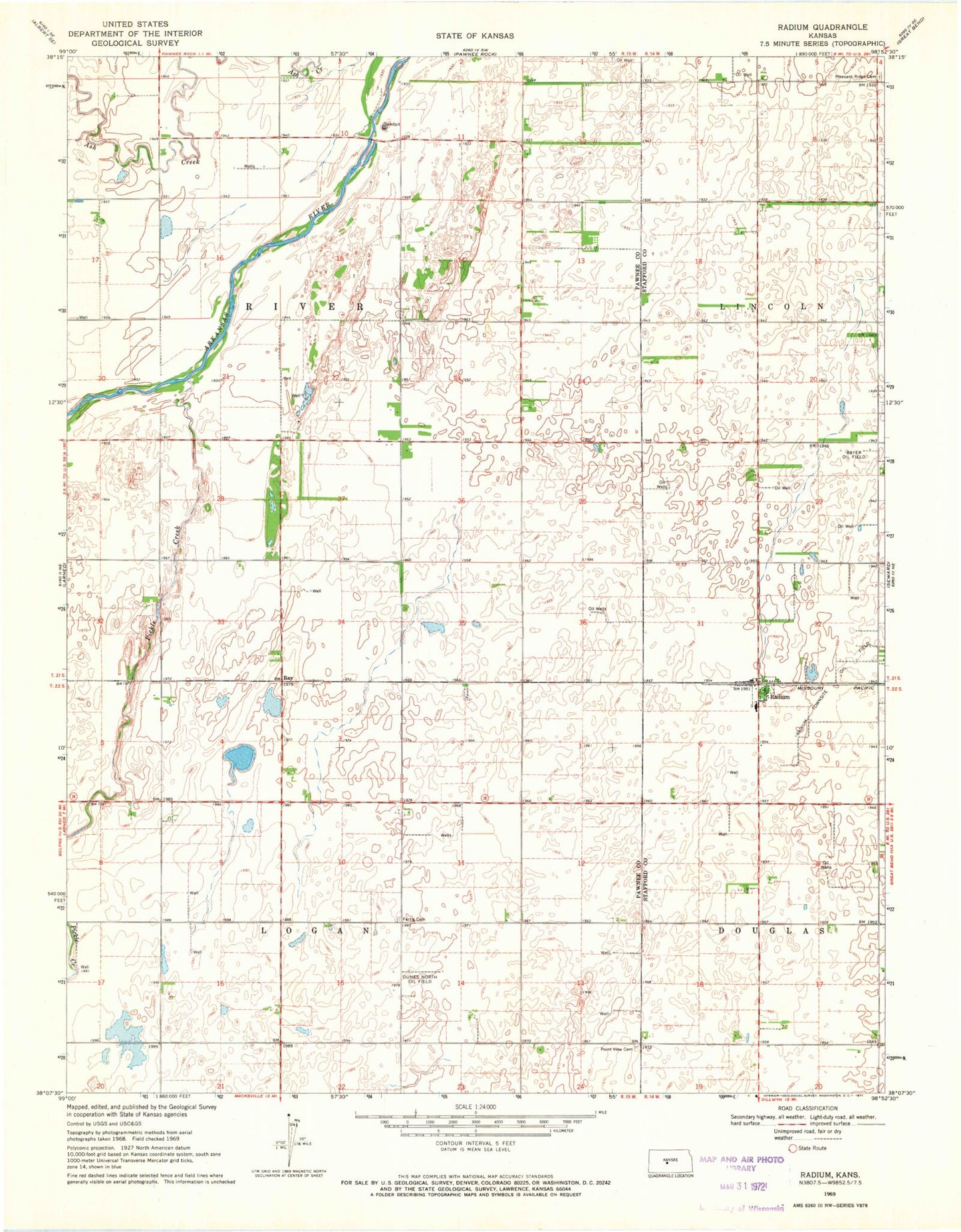 Classic USGS Radium Kansas 7.5'x7.5' Topo Map Image