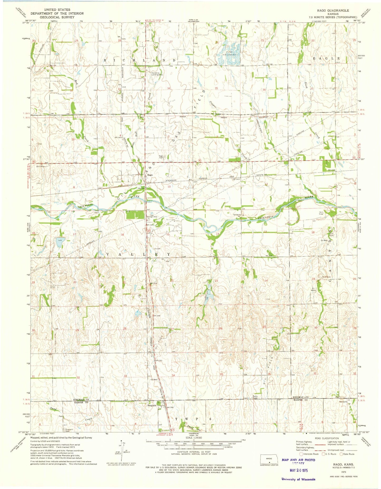 Classic USGS Rago Kansas 7.5'x7.5' Topo Map Image