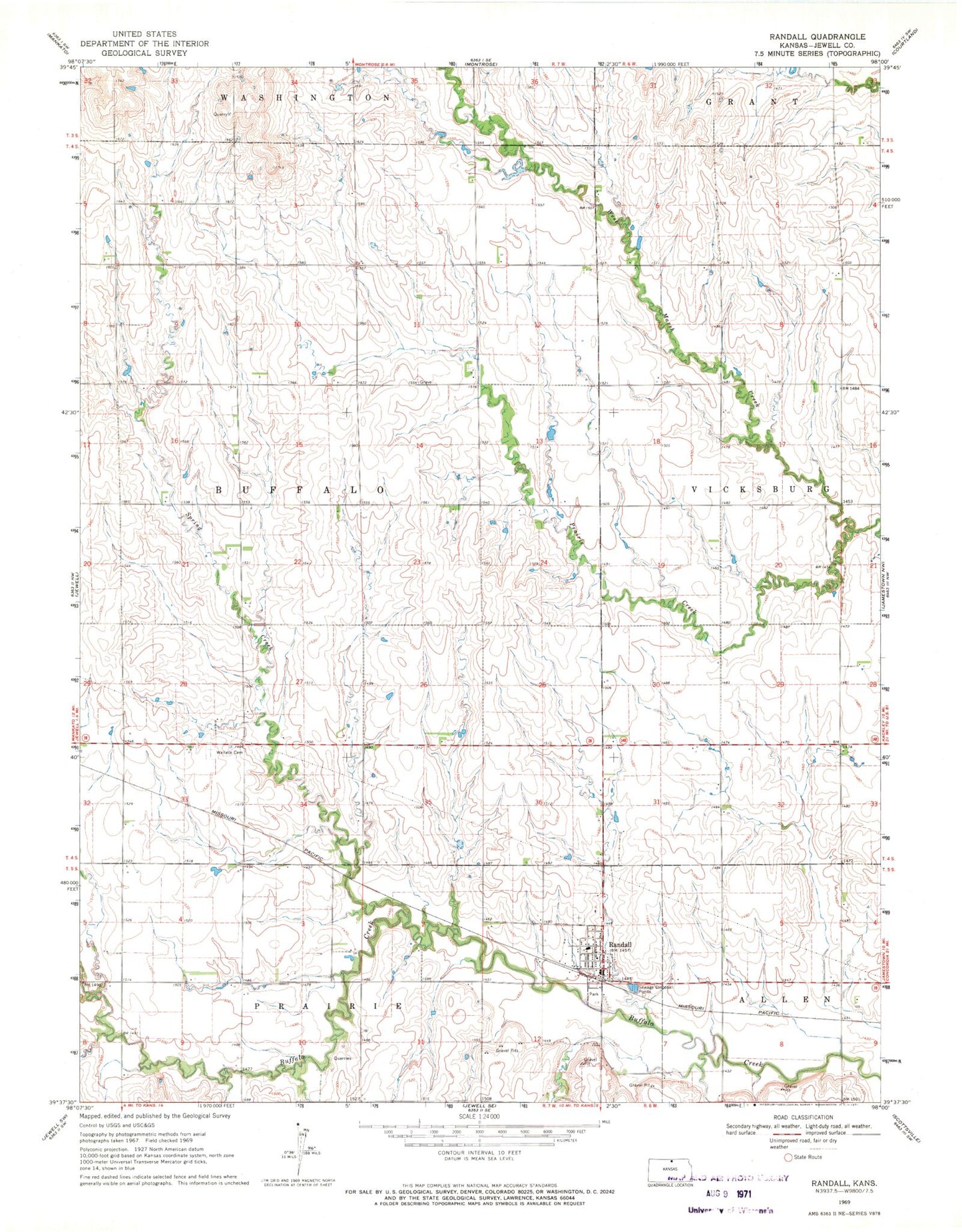 Classic USGS Randall Kansas 7.5'x7.5' Topo Map Image
