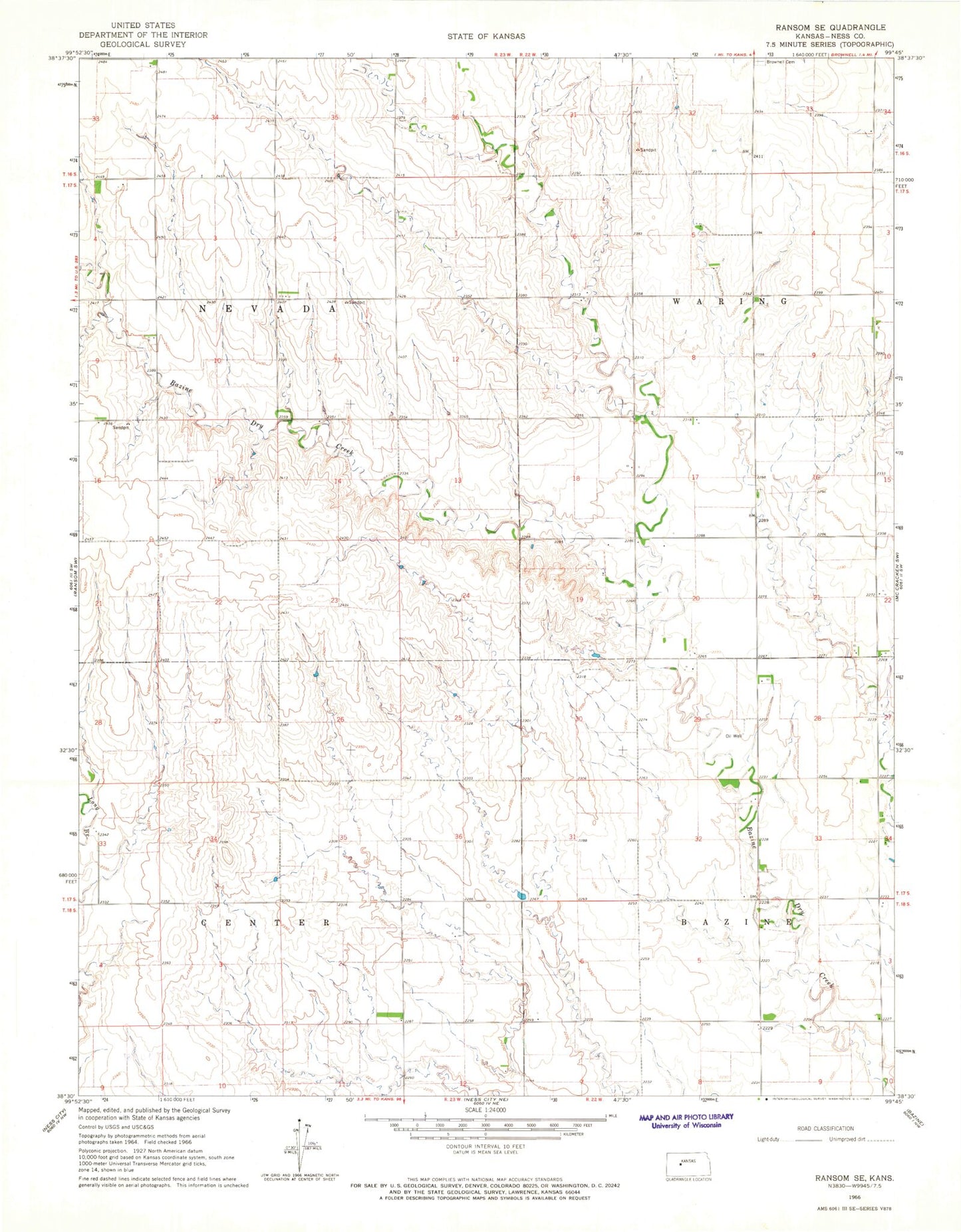 Classic USGS Ransom SE Kansas 7.5'x7.5' Topo Map Image