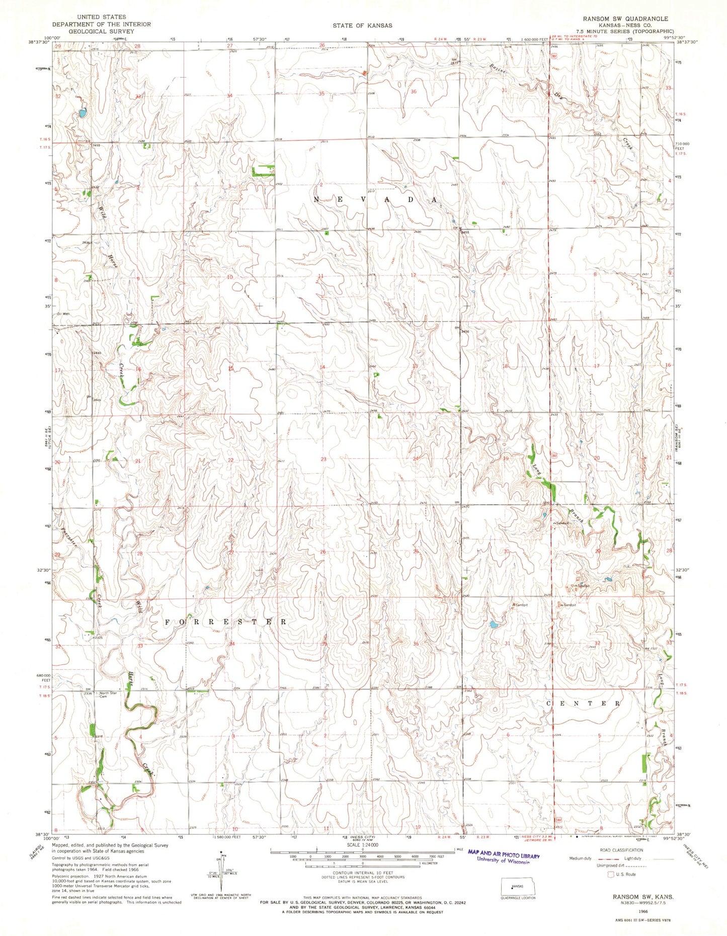 Classic USGS Ransom SW Kansas 7.5'x7.5' Topo Map Image