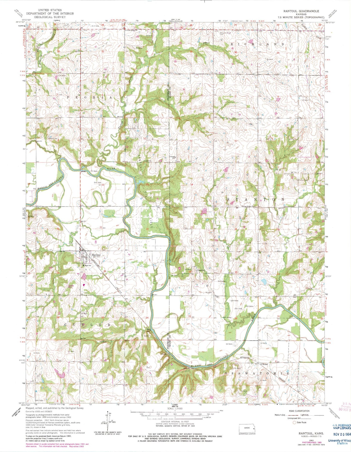 Classic USGS Rantoul Kansas 7.5'x7.5' Topo Map Image