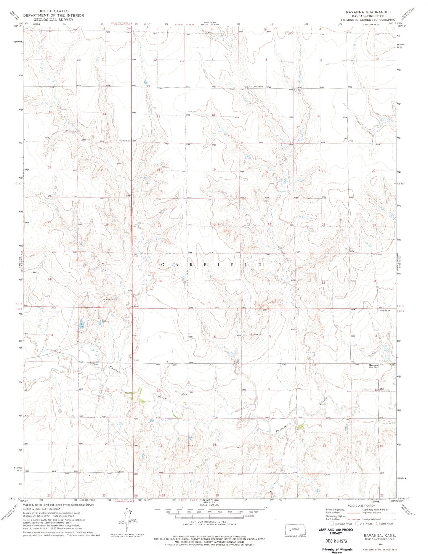 Classic USGS Ravanna Kansas 7.5'x7.5' Topo Map Image