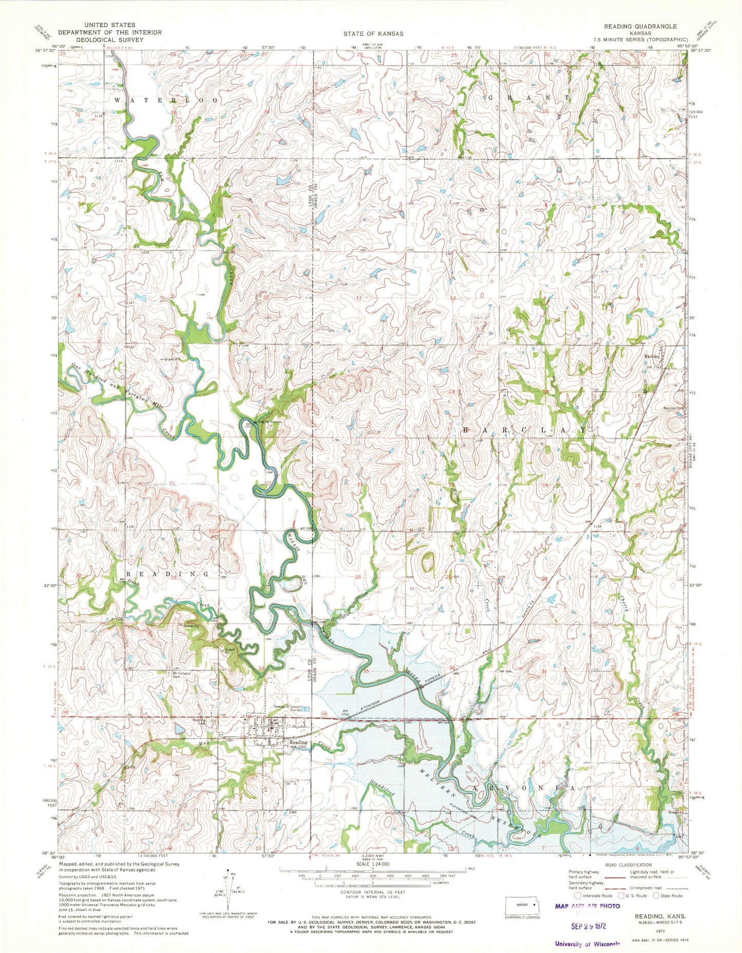 Classic USGS Reading Kansas 7.5'x7.5' Topo Map Image