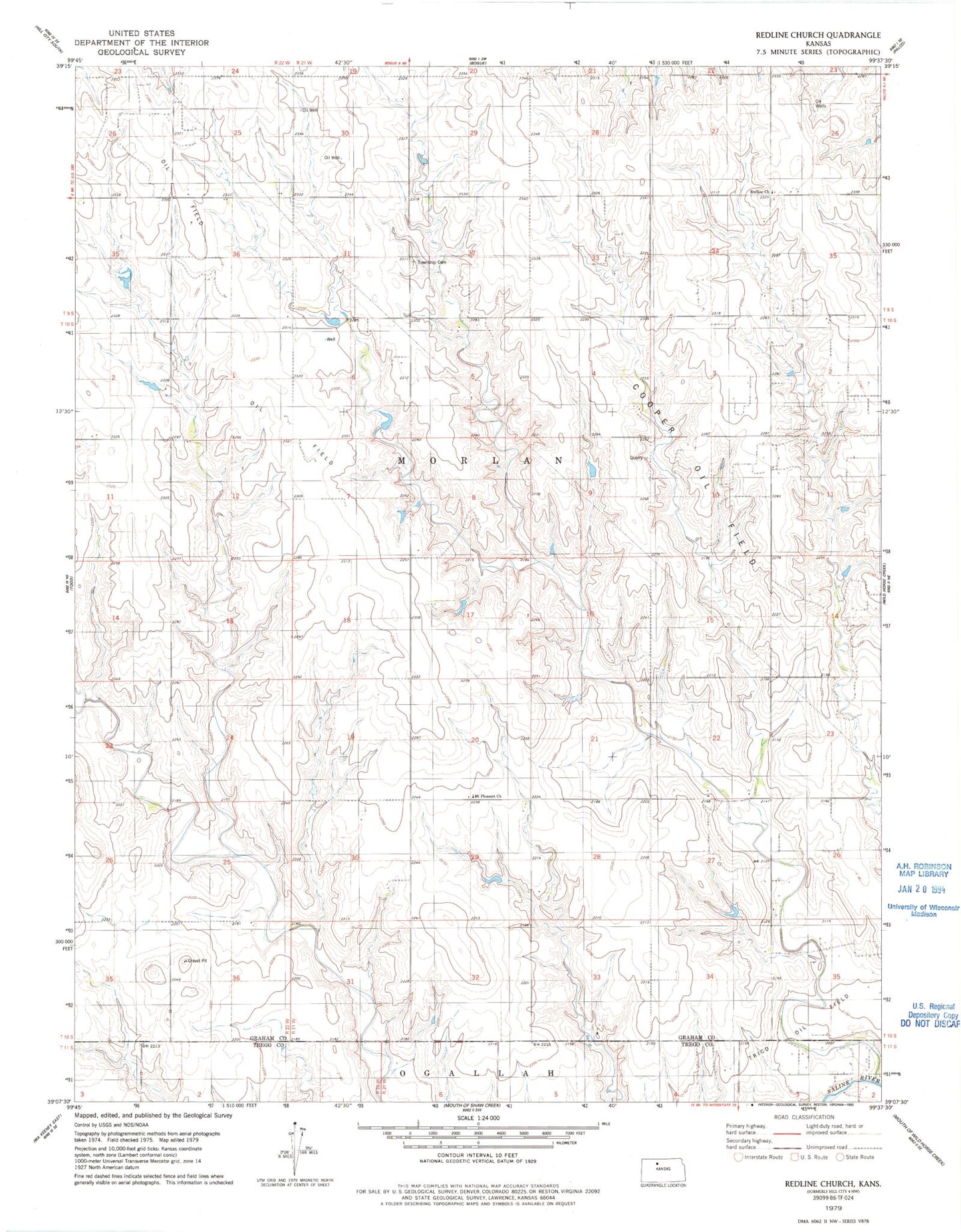 Classic USGS Redline Church Kansas 7.5'x7.5' Topo Map Image