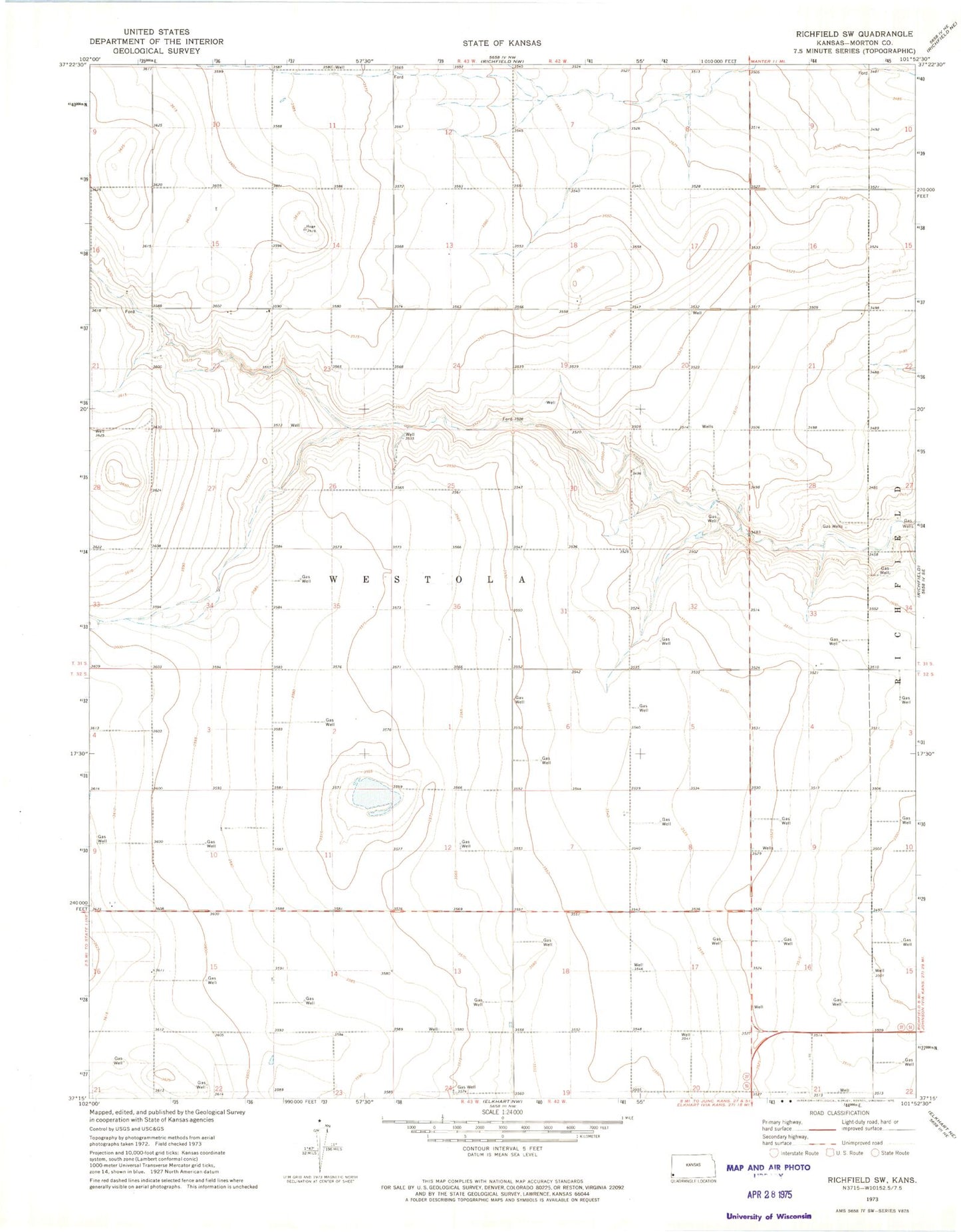 Classic USGS Richfield SW Kansas 7.5'x7.5' Topo Map Image