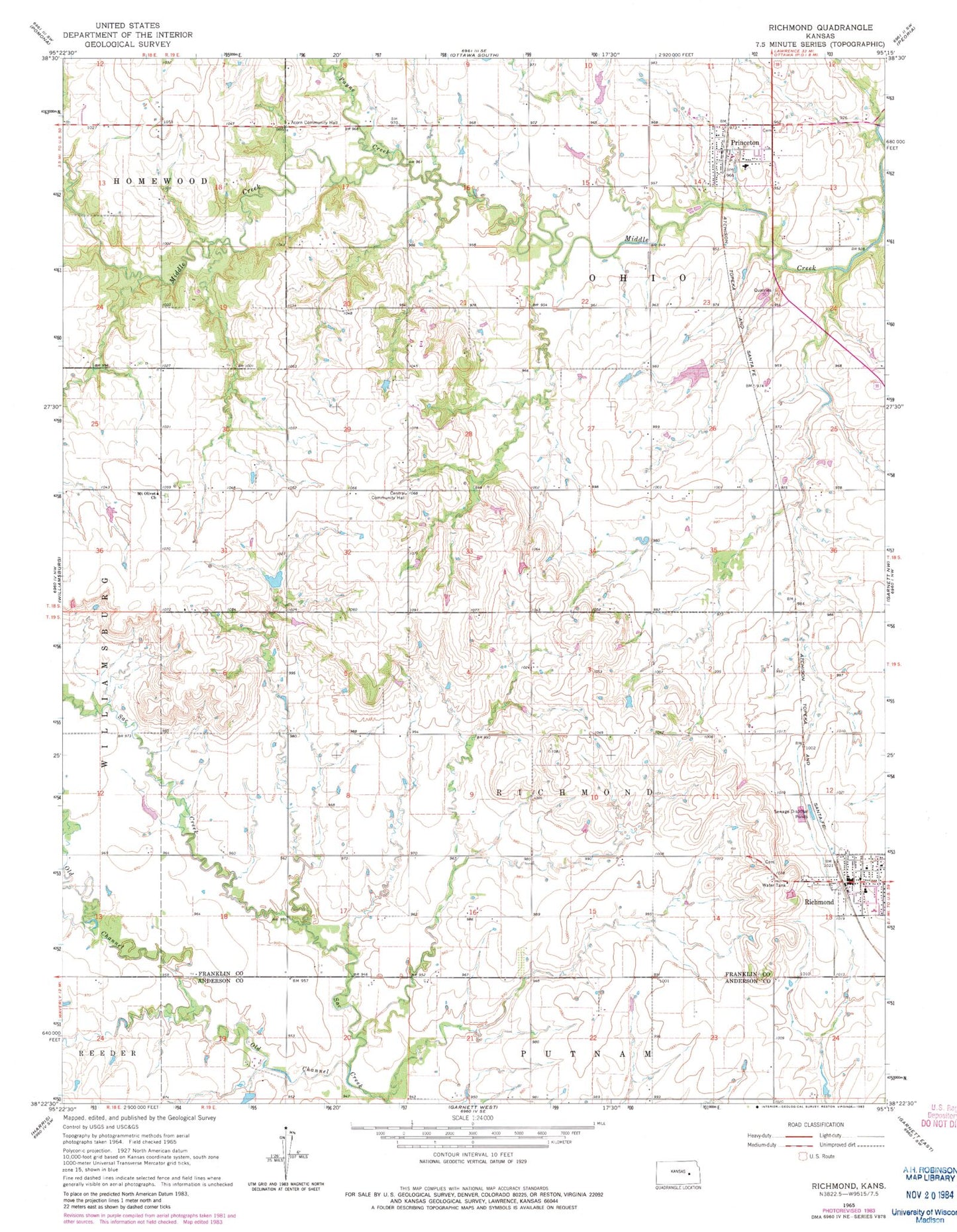 Classic USGS Richmond Kansas 7.5'x7.5' Topo Map Image