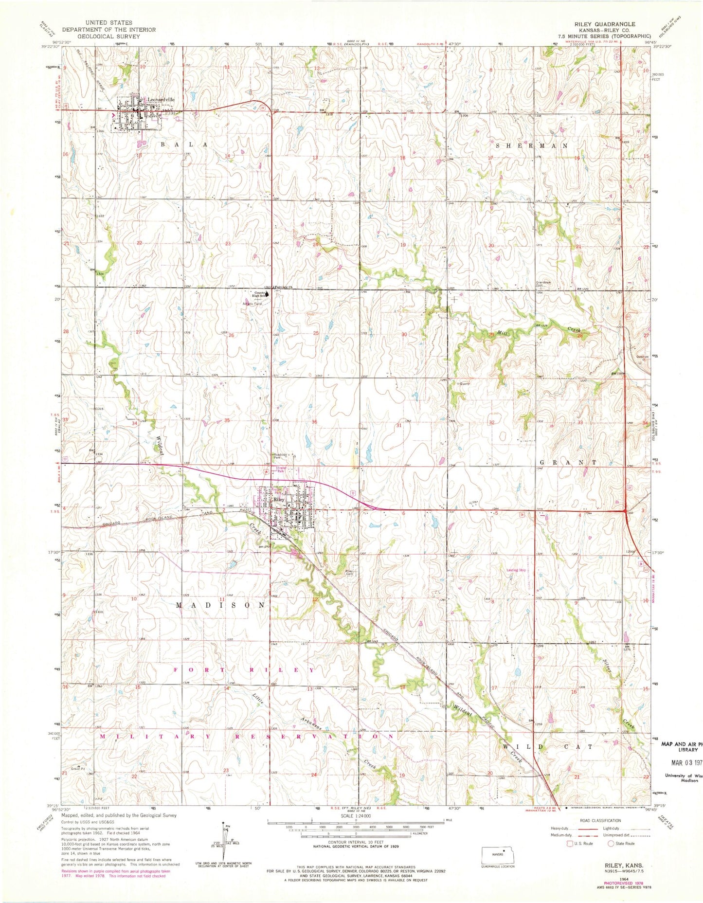 Classic USGS Riley Kansas 7.5'x7.5' Topo Map Image