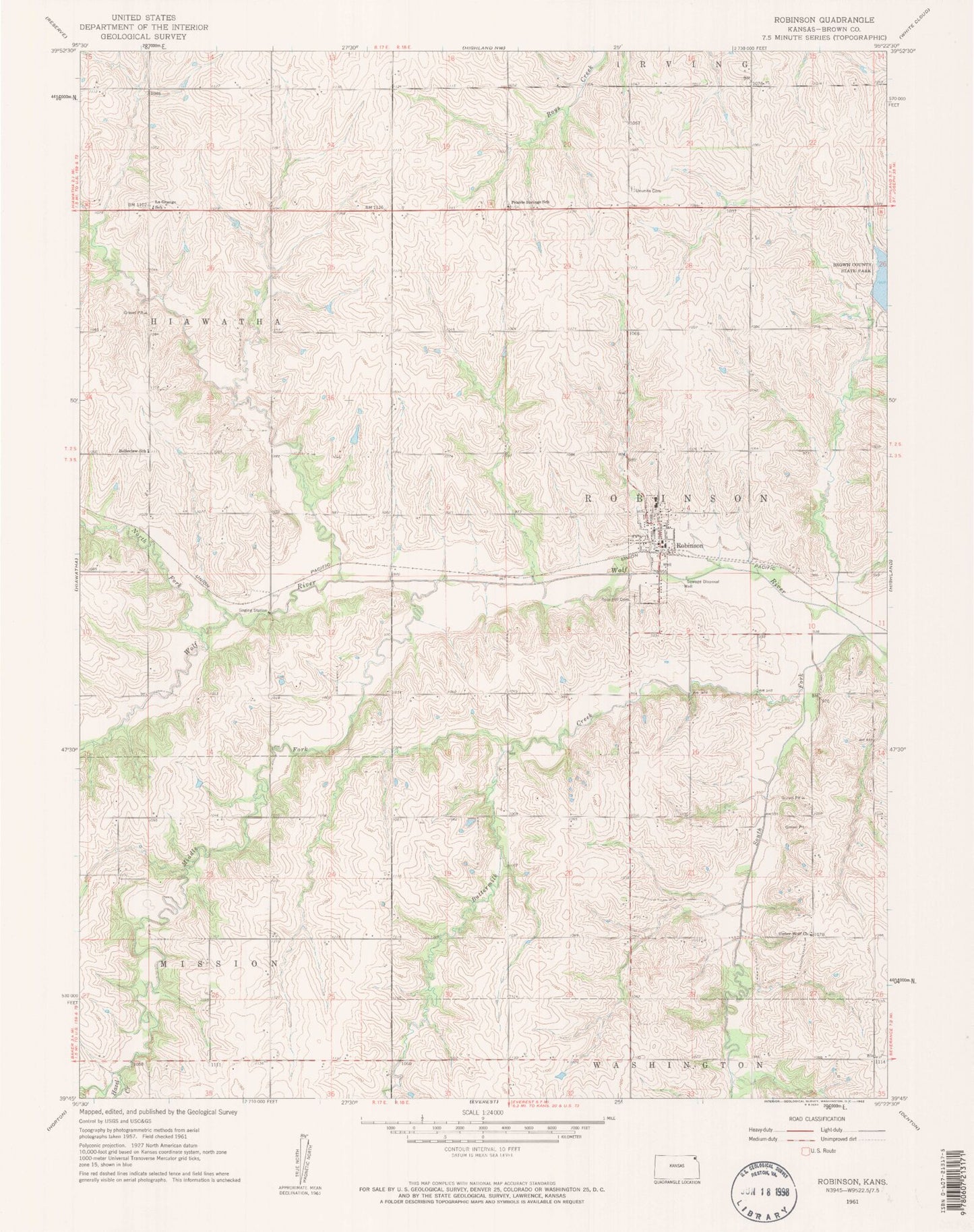 Classic USGS Robinson Kansas 7.5'x7.5' Topo Map Image