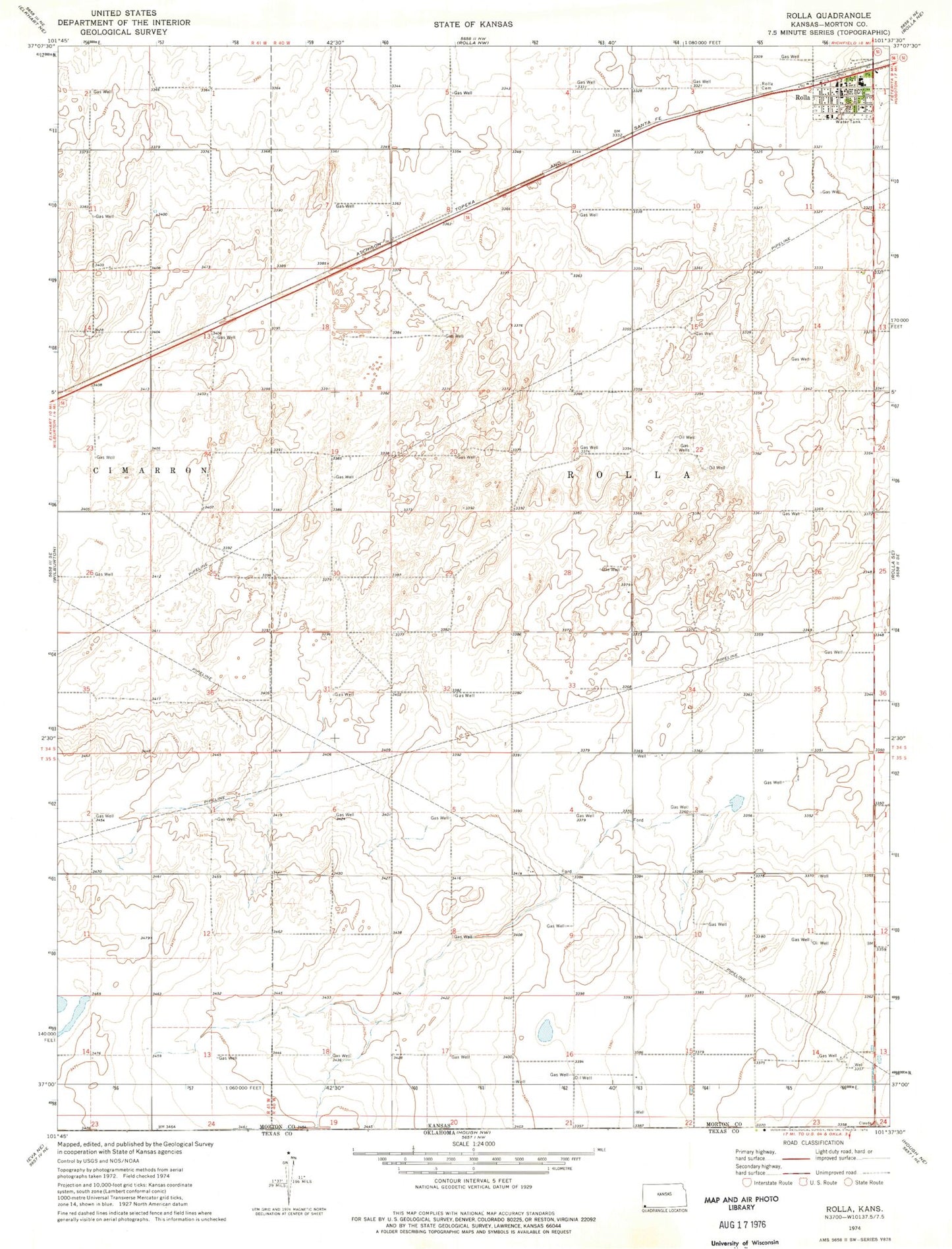 Classic USGS Rolla Kansas 7.5'x7.5' Topo Map Image