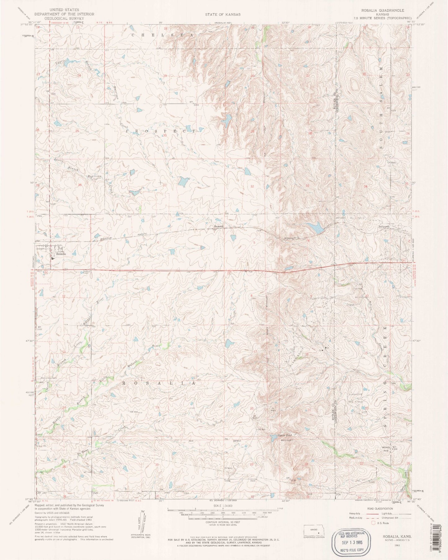 Classic USGS Rosalia Kansas 7.5'x7.5' Topo Map Image