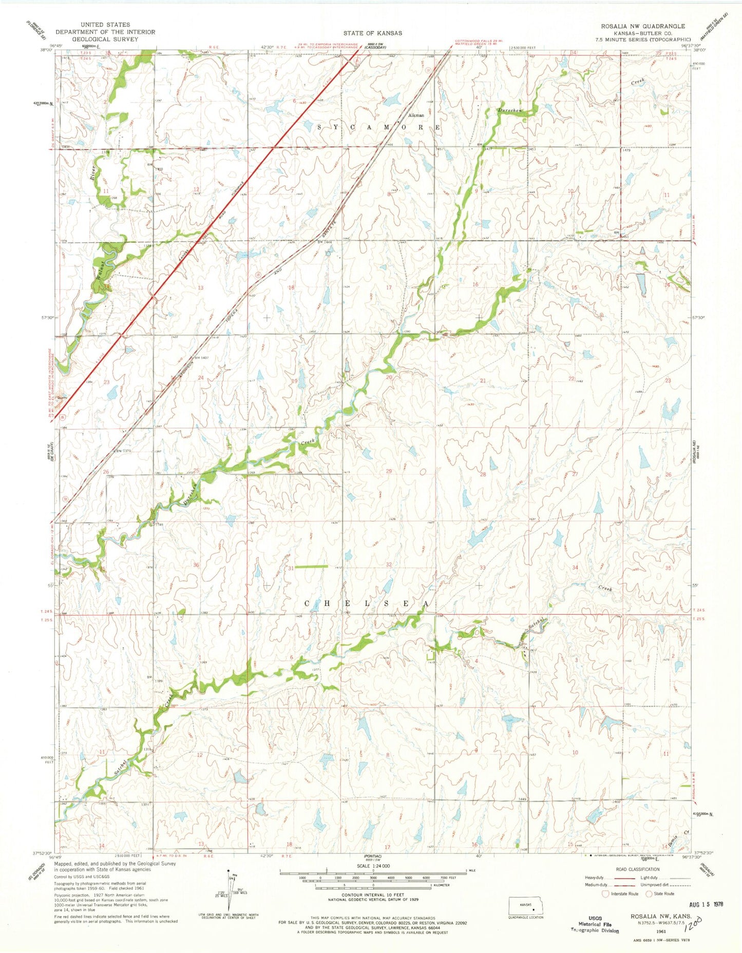 Classic USGS Rosalia NW Kansas 7.5'x7.5' Topo Map Image