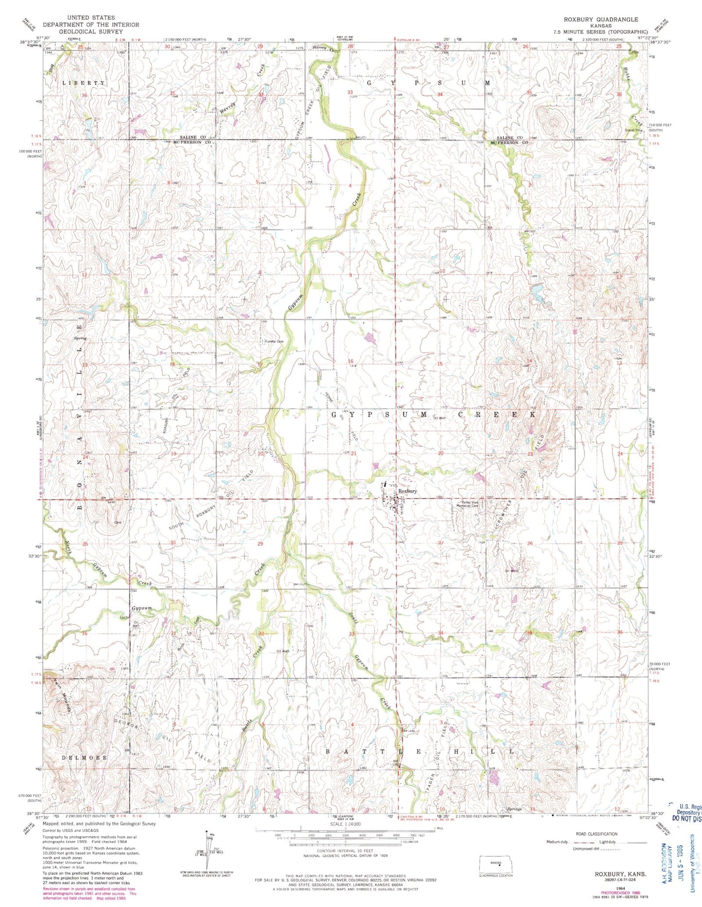 Classic USGS Roxbury Kansas 7.5'x7.5' Topo Map Image