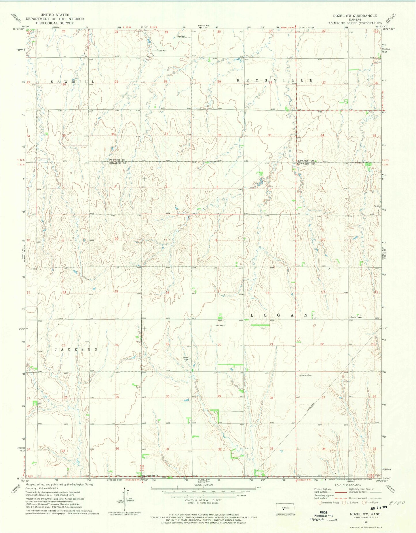 Classic USGS Rozel SW Kansas 7.5'x7.5' Topo Map Image