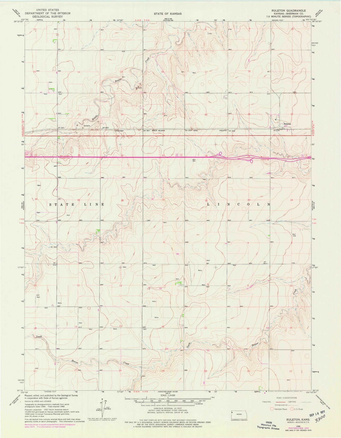 Classic USGS Ruleton Kansas 7.5'x7.5' Topo Map Image