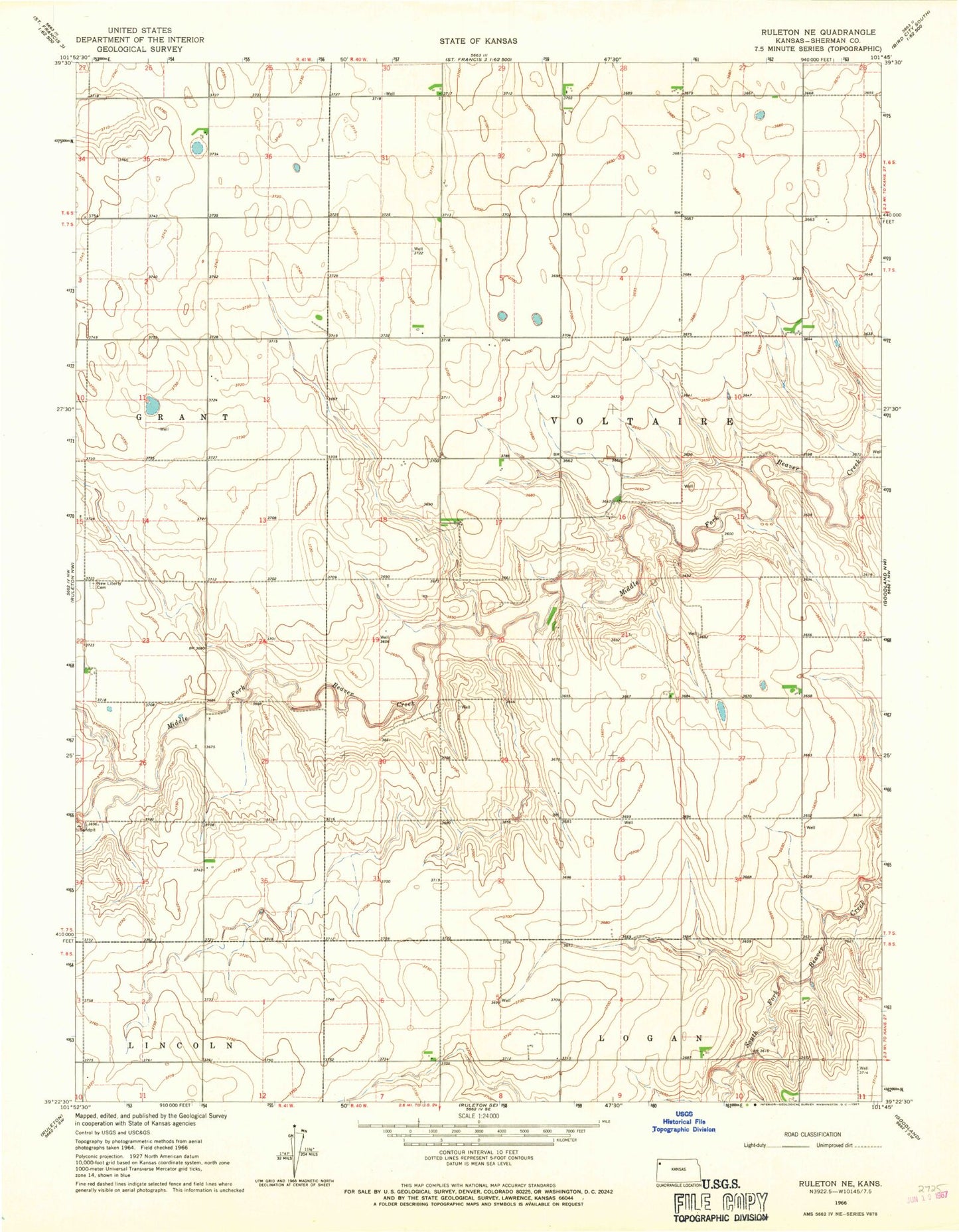Classic USGS Ruleton NE Kansas 7.5'x7.5' Topo Map Image