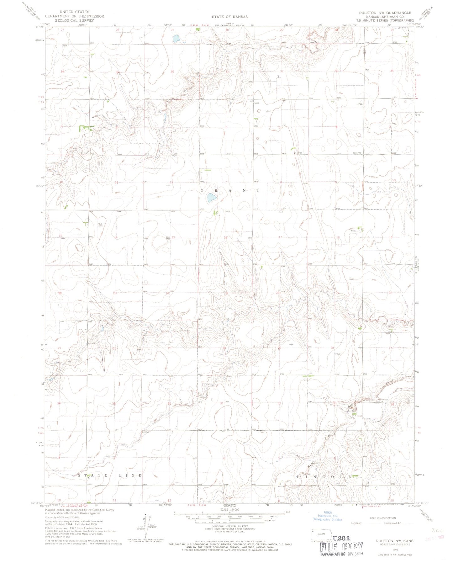 Classic USGS Ruleton NW Kansas 7.5'x7.5' Topo Map Image