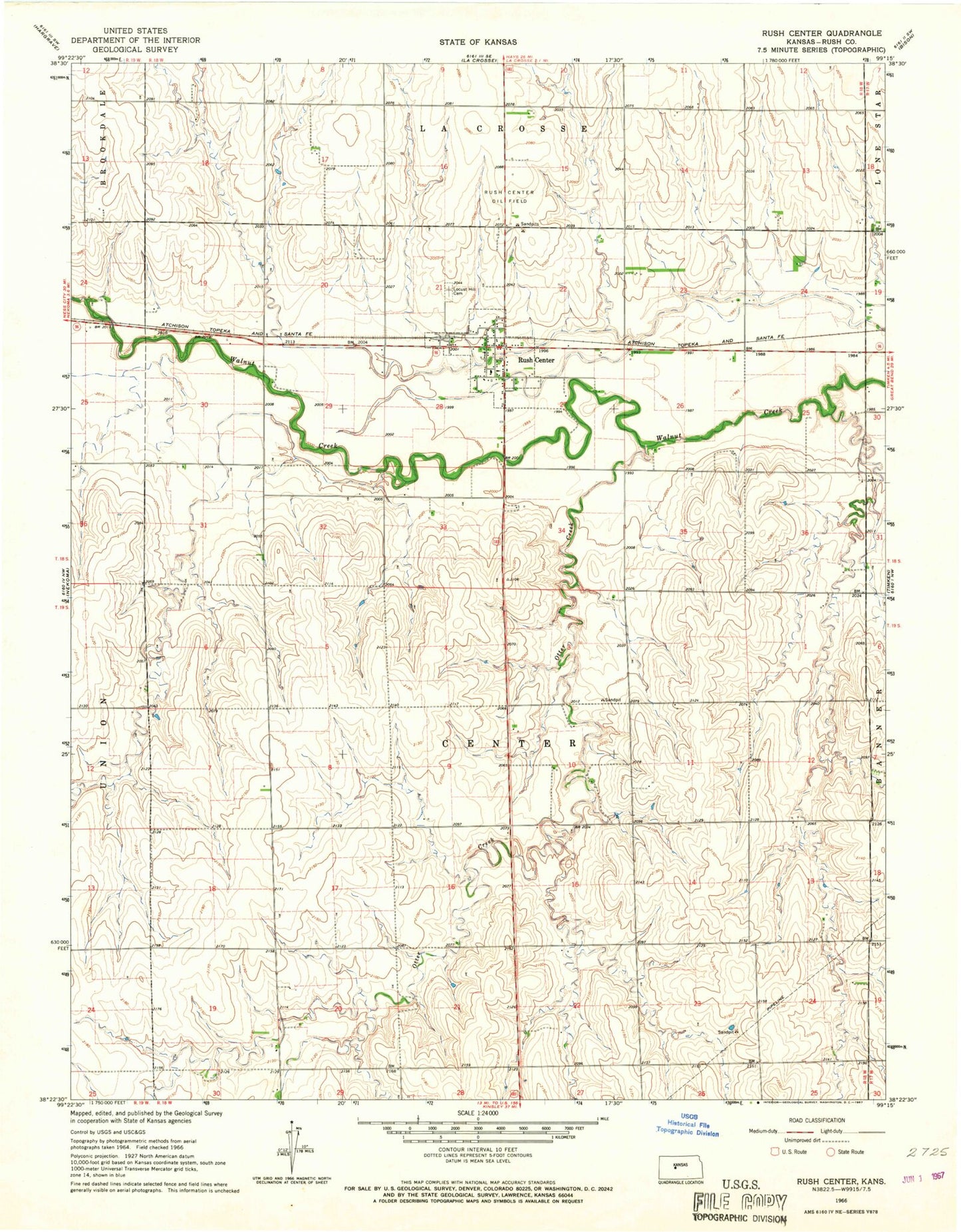 Classic USGS Rush Center Kansas 7.5'x7.5' Topo Map Image