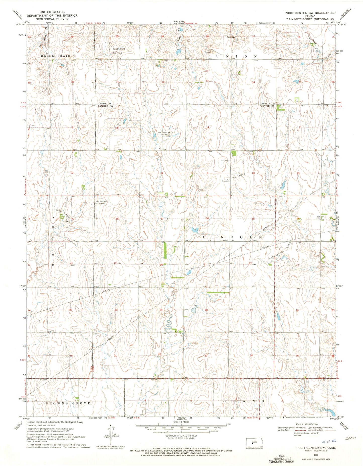 Classic USGS Rush Center SW Kansas 7.5'x7.5' Topo Map Image