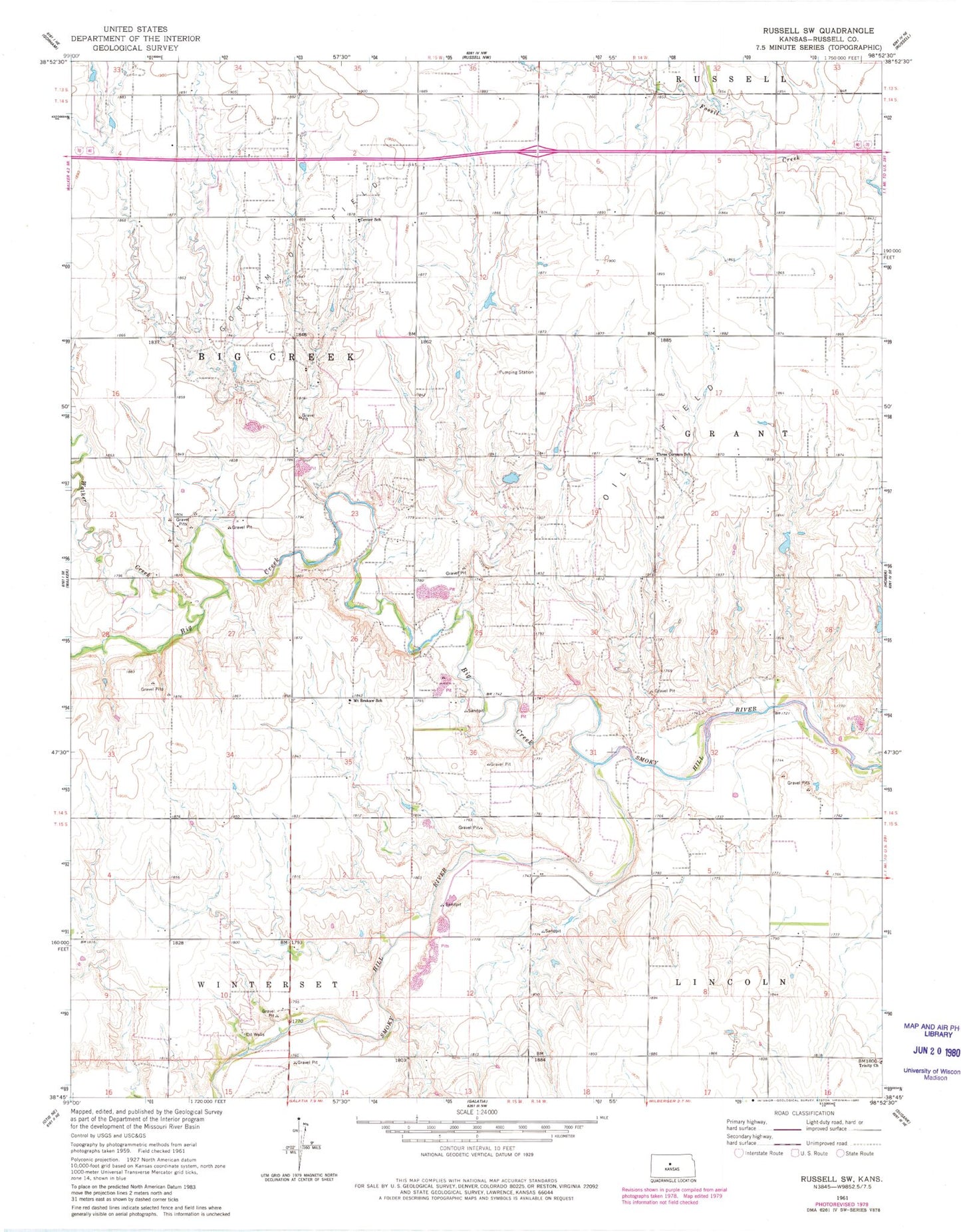 Classic USGS Russell SW Kansas 7.5'x7.5' Topo Map Image